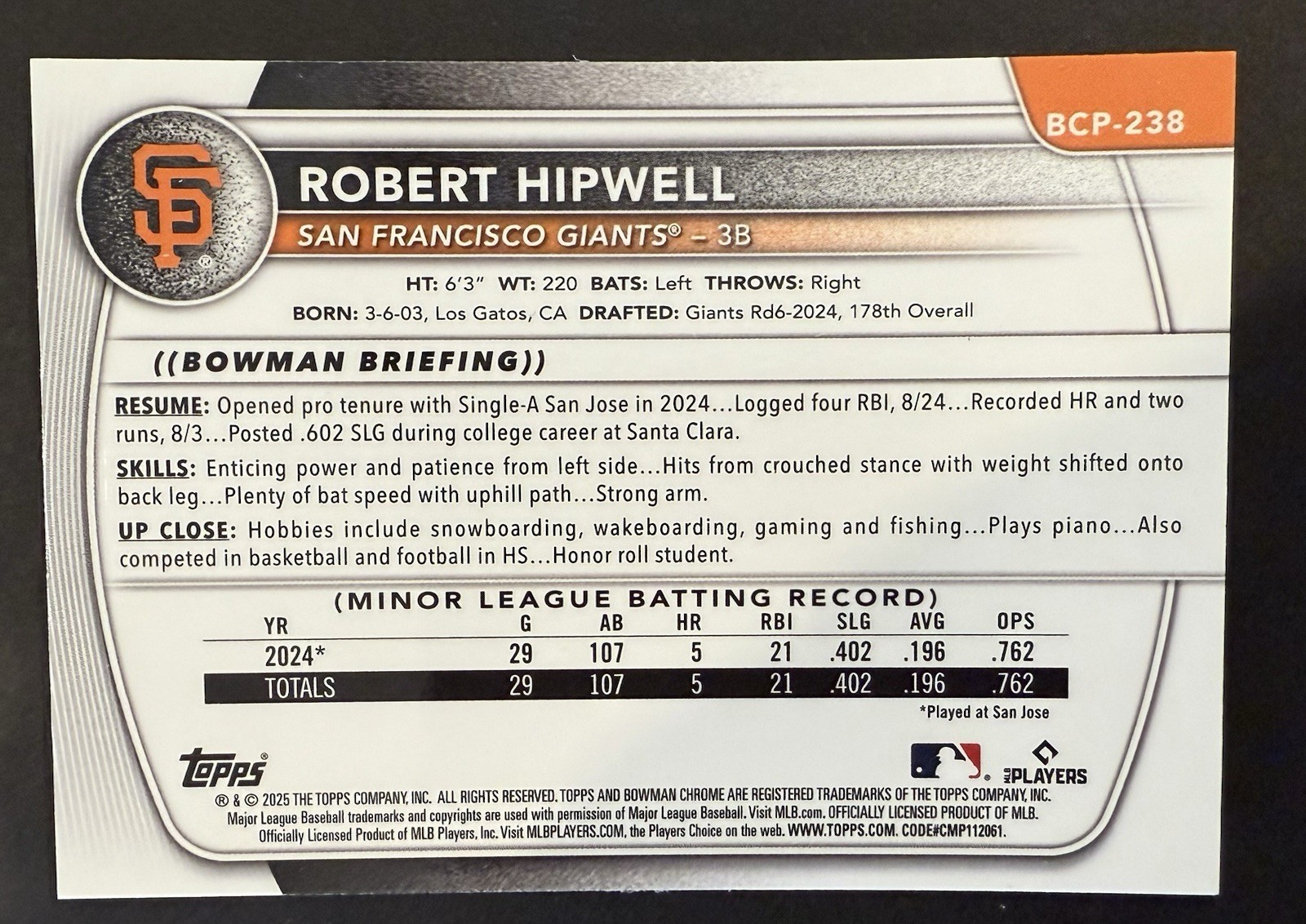 2025 Bowman Chrome Sapphire Edition Robert Hipwell #BCP-238 Giants 1st Bowman