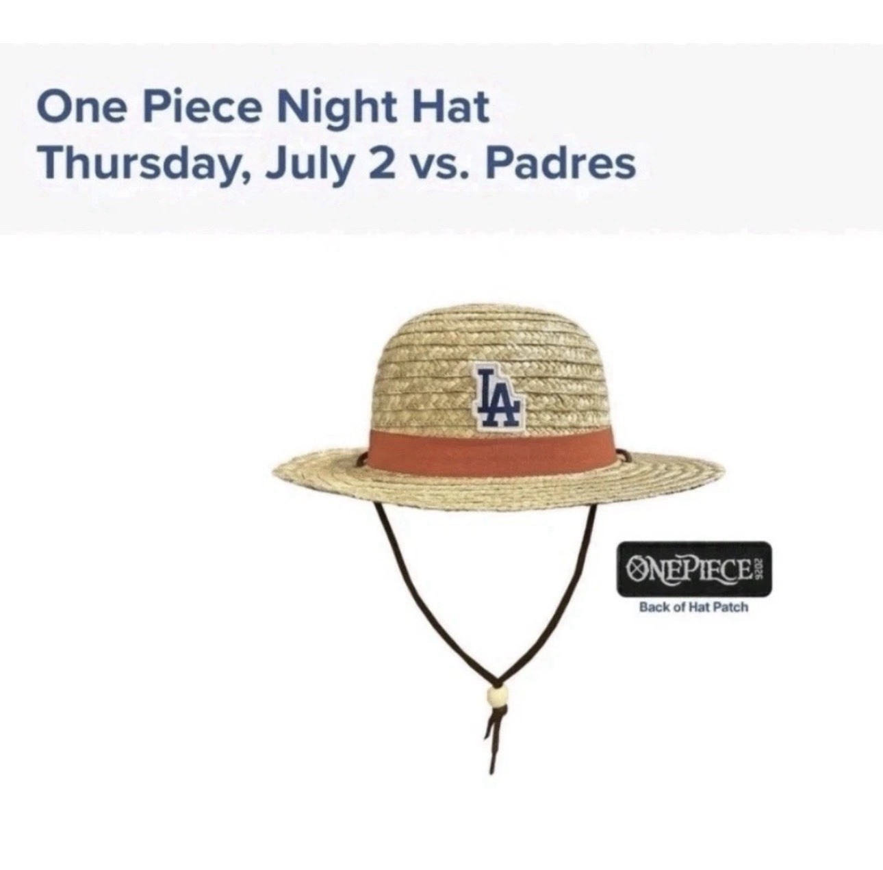2026 ONE PIECE x Dodgers Straw Hat 7/2/26 SGA LA Luffy Limited Edition