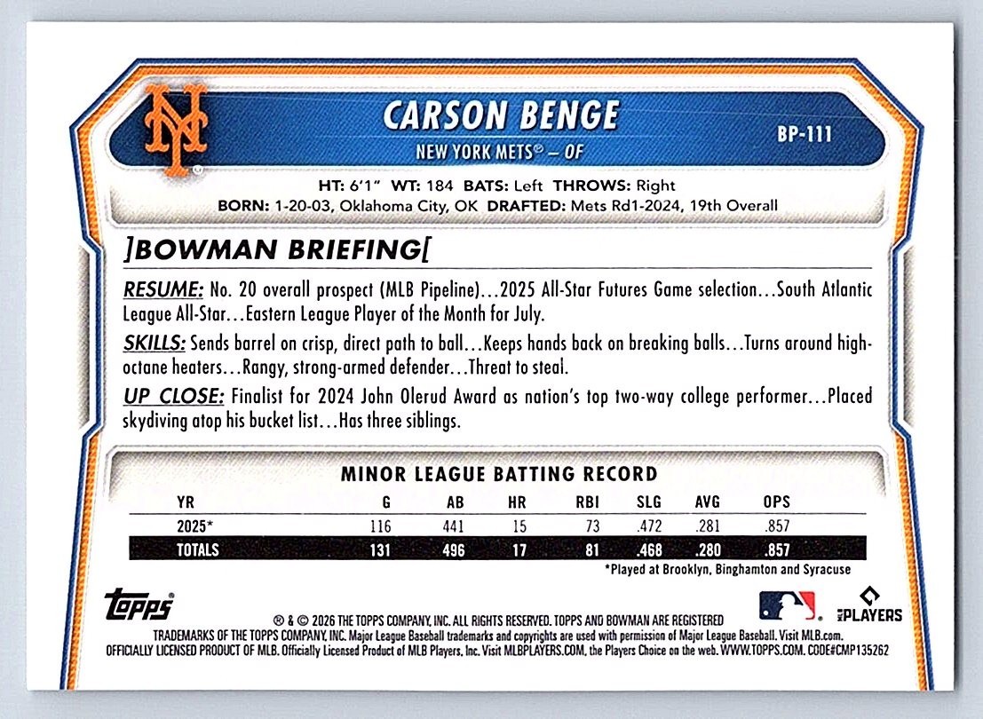 CARSON BENGE METS 2026 BOWMAN PROSPECTS #BP-111