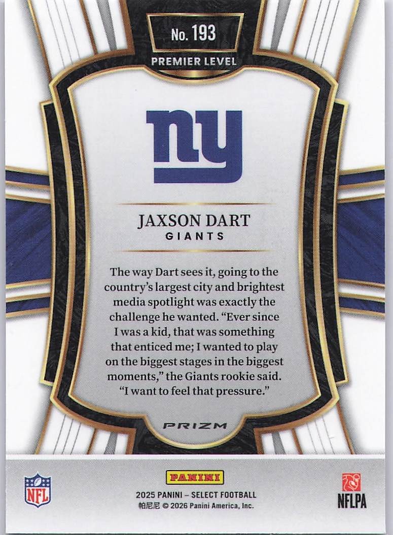 2025 Panini Select #193 Jaxson Dart Silver Prizm