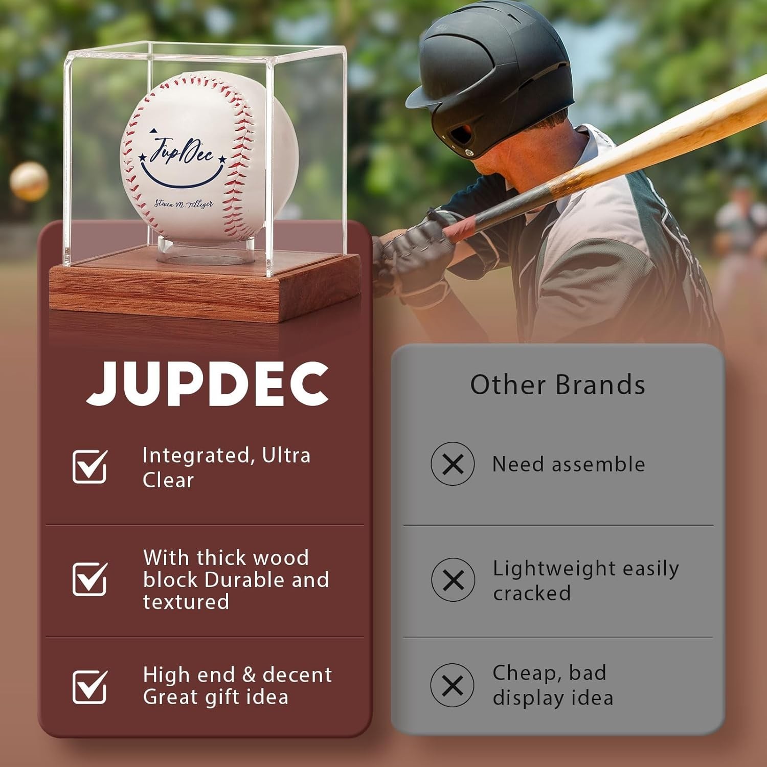 Clear Acrylic Baseball Holder with Wooden Base for Signed Balls – 1 Pack