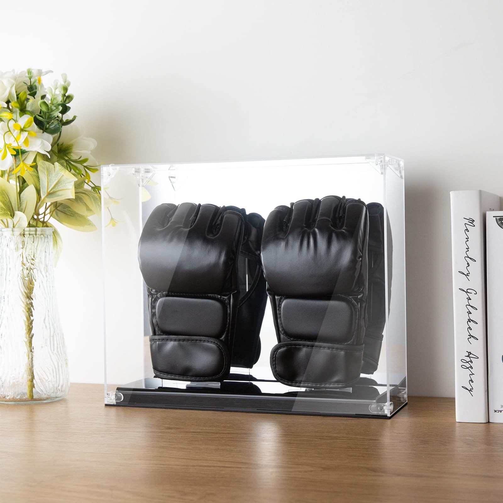 MMA Glove Display Case with Mirror Back, 2 Glove Holder, Acrylic Kickboxing S…