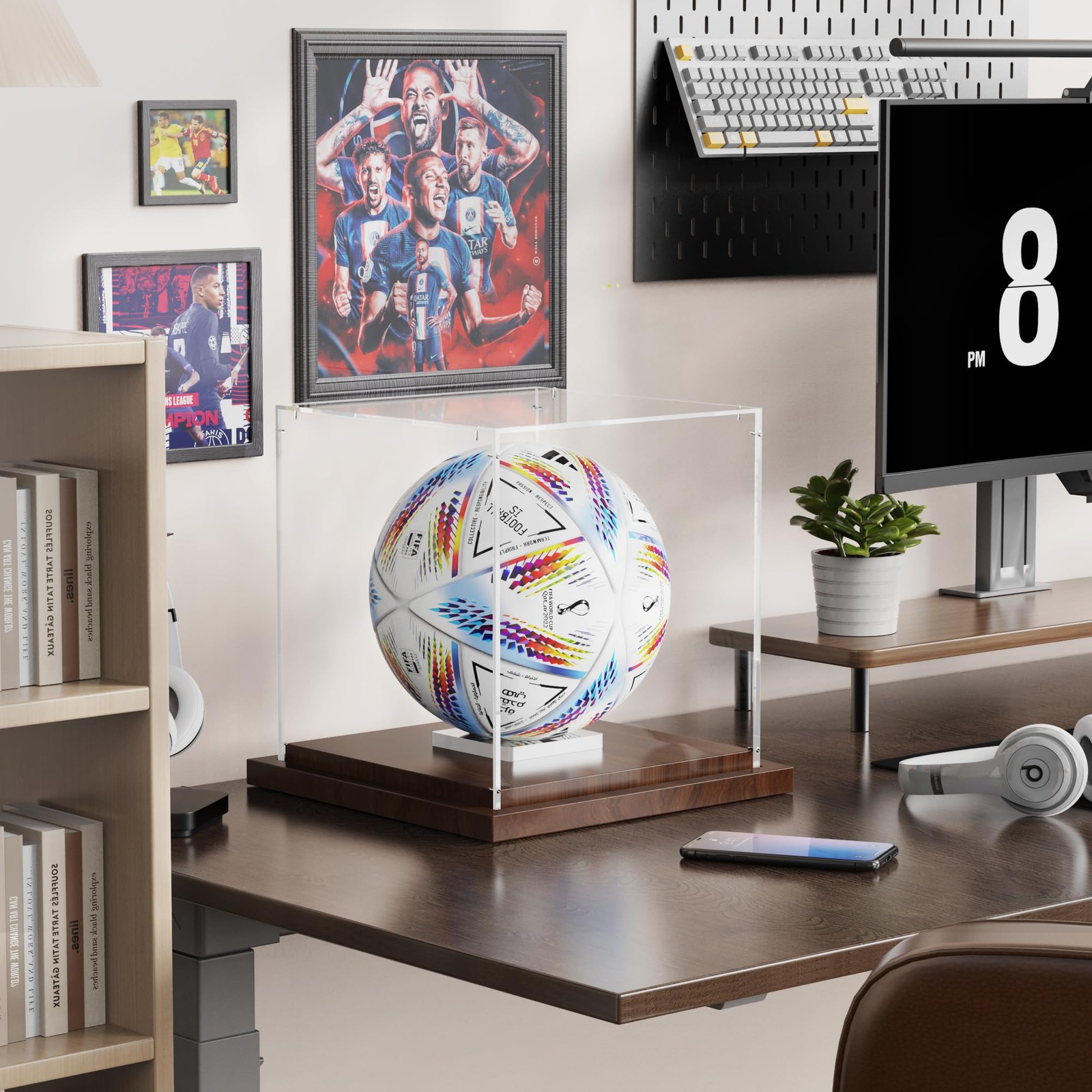 Soccer Ball Display Case with Wood Base, Clear Acrylic Display Case Soccer Bo…
