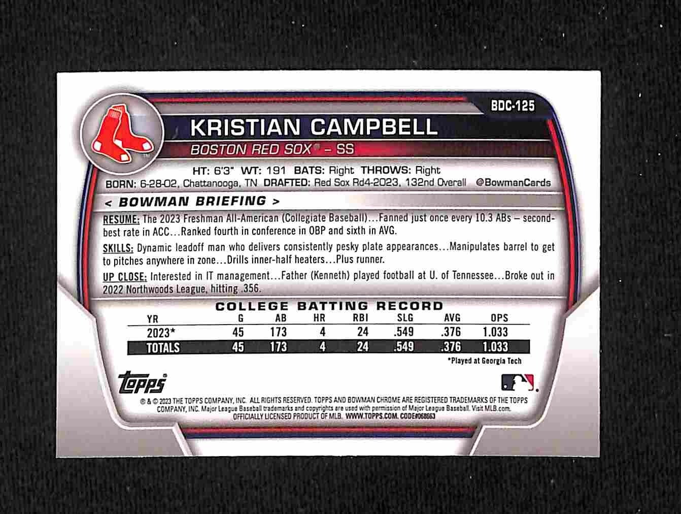 2023 Bowman Draft Kristian Campbell Chrome Sky Blue Refractor 1st #BDC-125