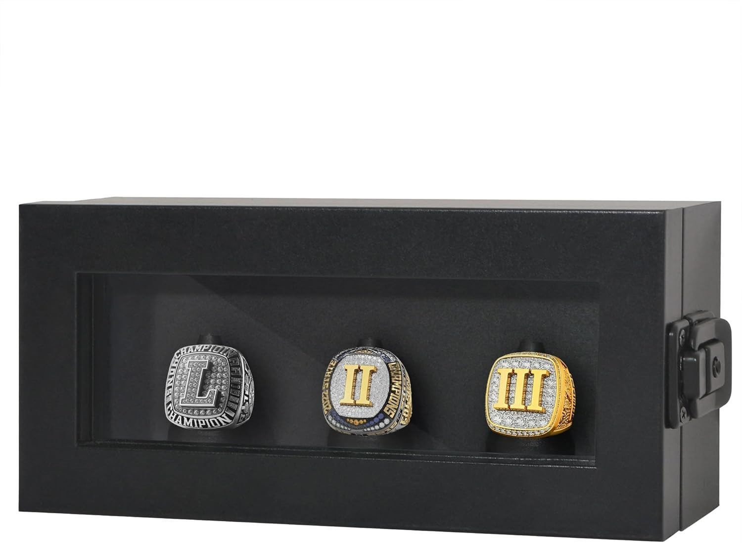Championship Ring Display Case Holds 3 Rings with Lock Wall Mount Black
