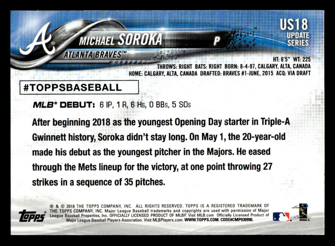 2018 Topps Update #US18 Michael Soroka Rookie Card Atlanta Braves