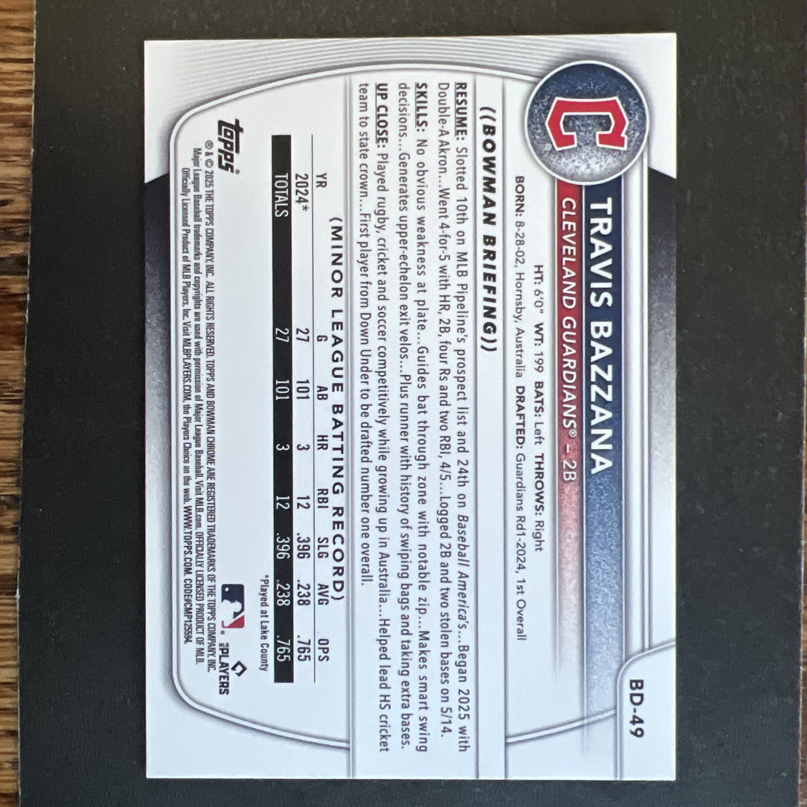 2025 Bowman Draft Travis Bazzana Cleveland Guardians Rookie #BD-49 (RC)