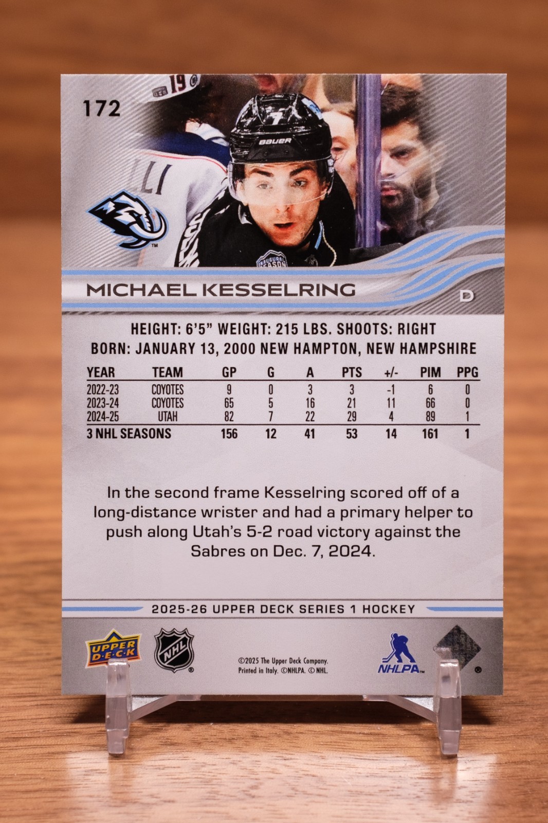 2025-26 Upper Deck Base #172 Michael Kesselring – Utah Mammoth