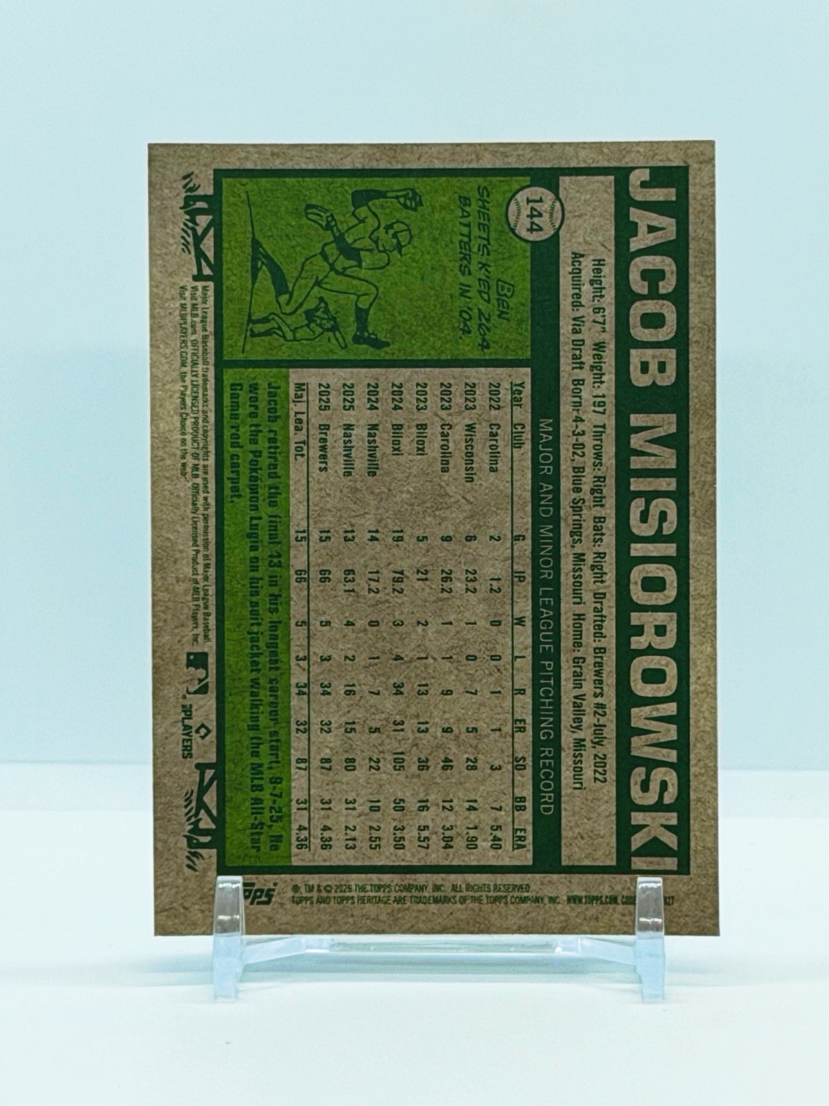 2025 Topps Heritage – Jacob Misiorowski RC – Chrome SP – Brewers – No. 144🏆