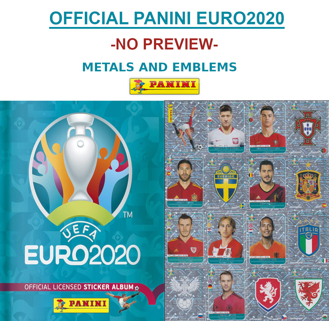 PANINI EURO 2020 NO PREVIEW- METAL EMBLEMS AND PLAYERS – PICK ANY !!!!
