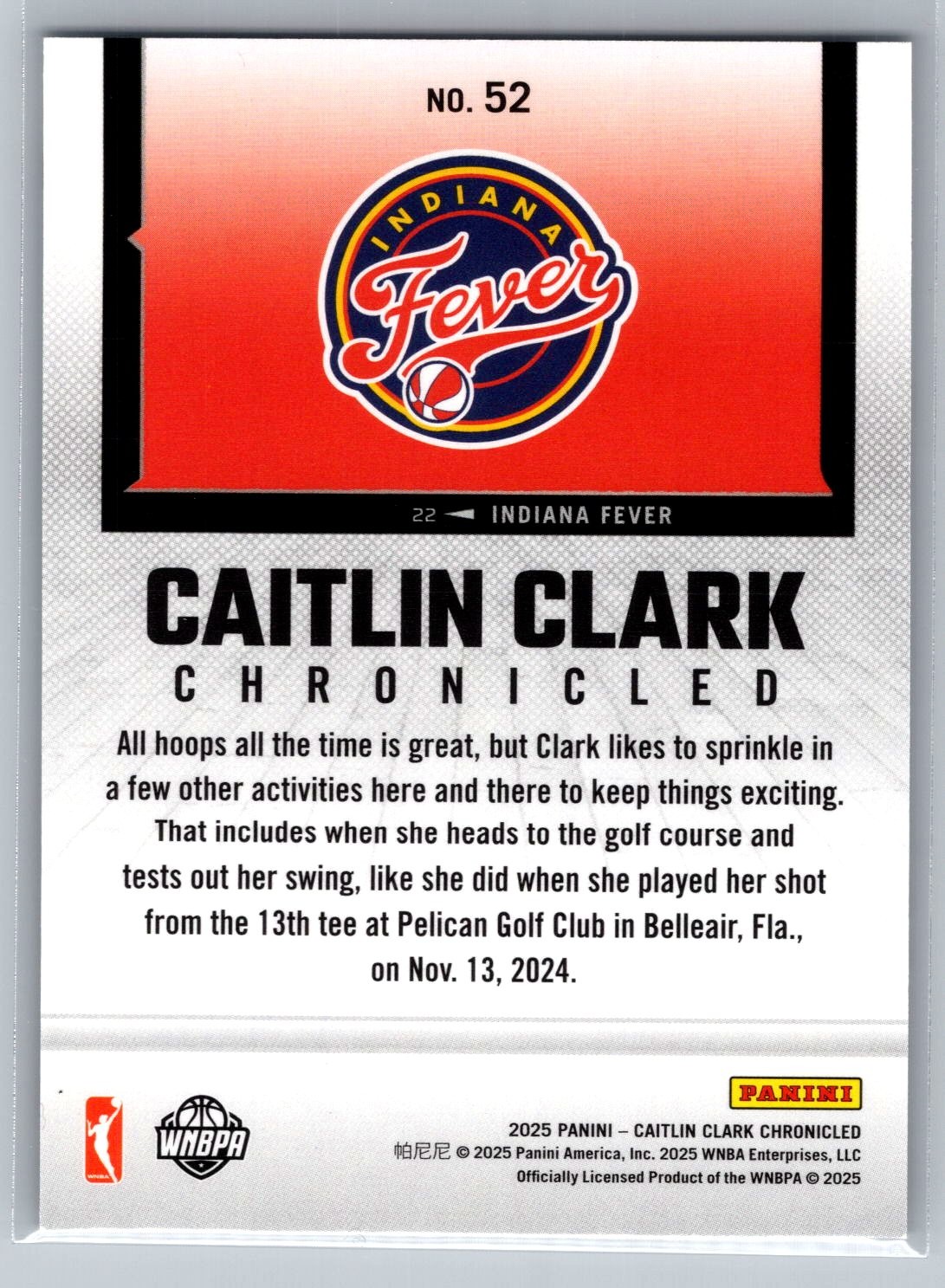 2025 Panini Chronicled CAITLIN CLARK #52 Indiana Fever