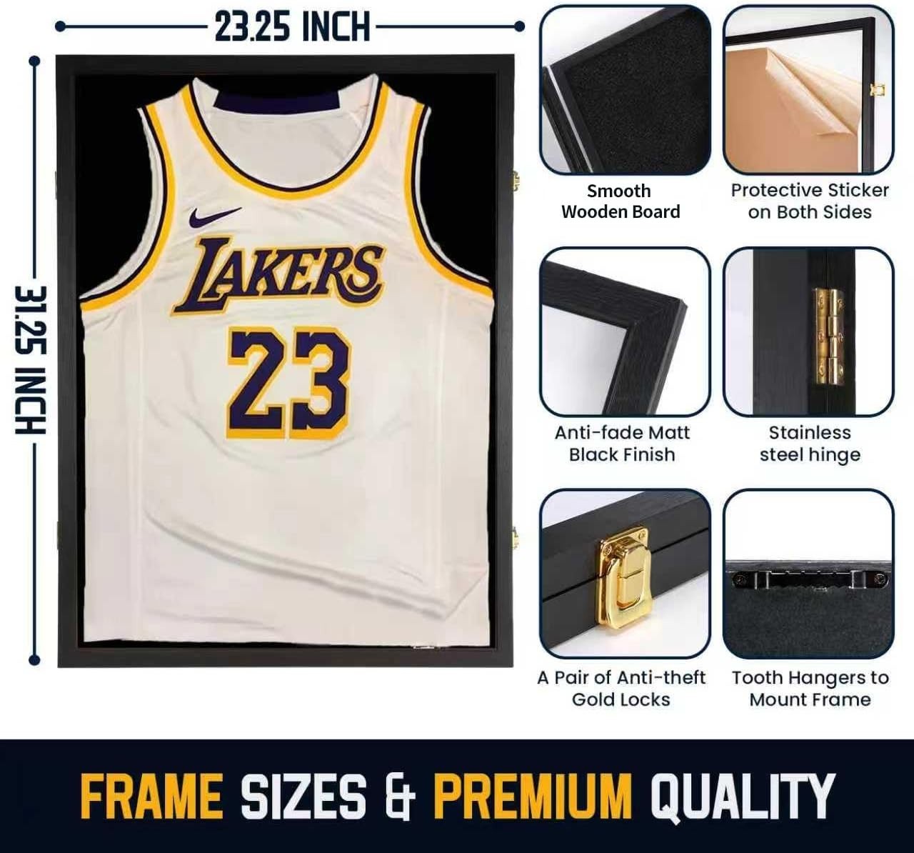 Jersey Display Case Wooden Shadow Box Frame 98% UV Acrylic Sports Shirt Black