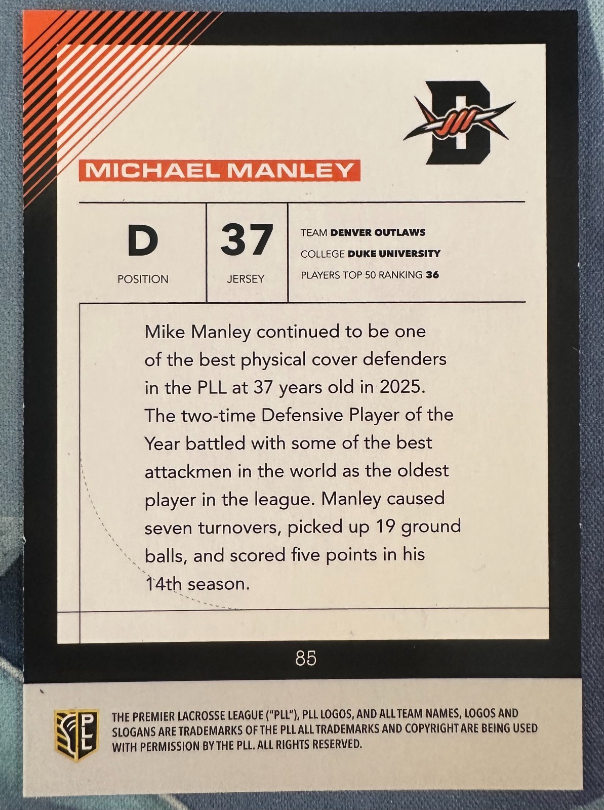 MICHAEL MANLEY 2026 PREMIER LACROSSE LEAGUE PLL FIELDSIDE II SP AUTO #85