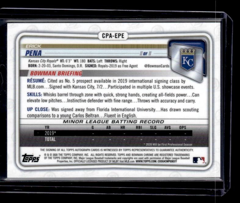 2020 Bowman Chrome #CPA-EPE Erick Pena Prospect Autographs Blue Refractor SN,AU