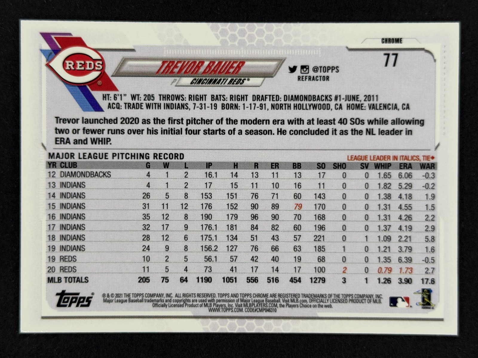 Trevor Bauer 2021 Topps Chrome Refractor – #77