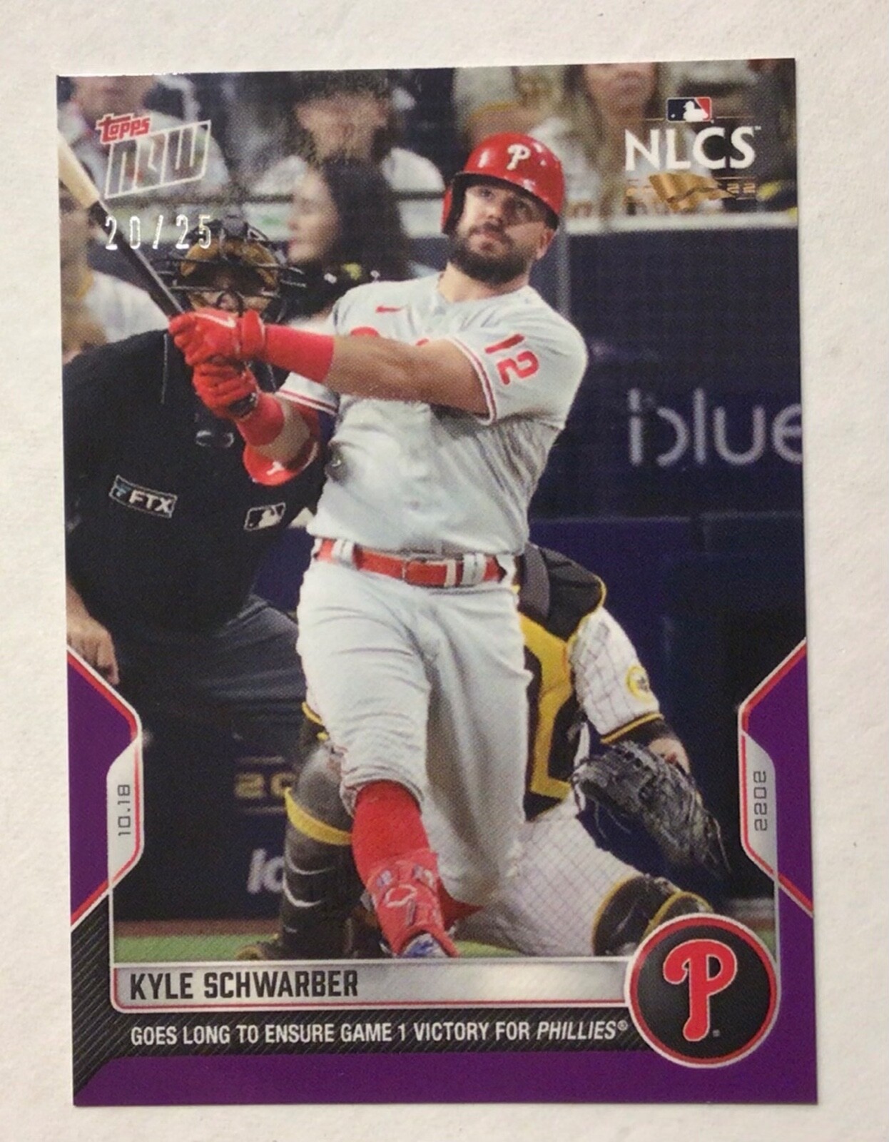 2022 TOPPS NOW #1100 KYLE SCHWARBER Purple 20/25 GOES LONG TO ENSURE GAME 1 WIN