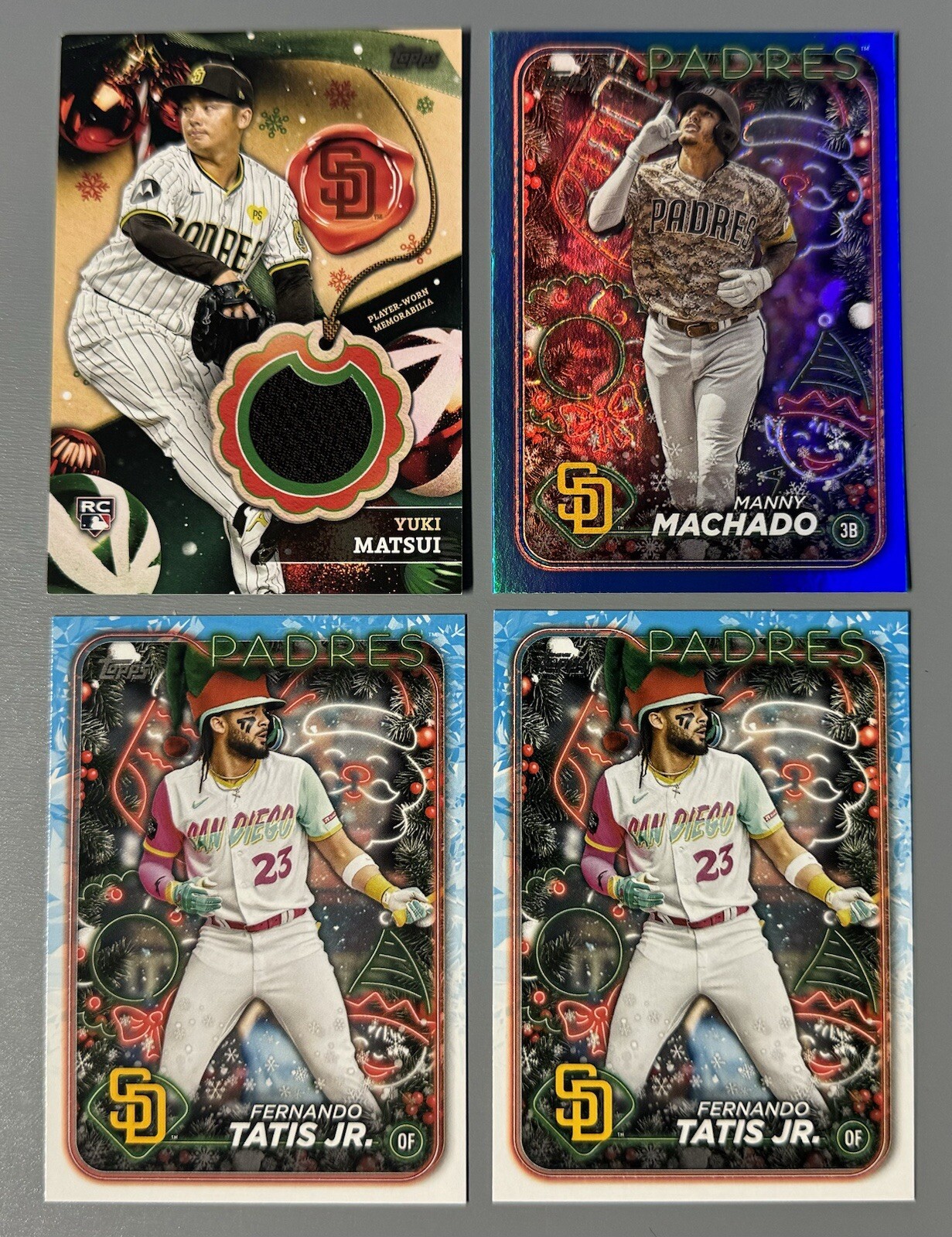 4- 2024 Topps Holiday: 2 Tatis Jr Elf Hat SP, Machado Blue Glitter, Matsui Relic