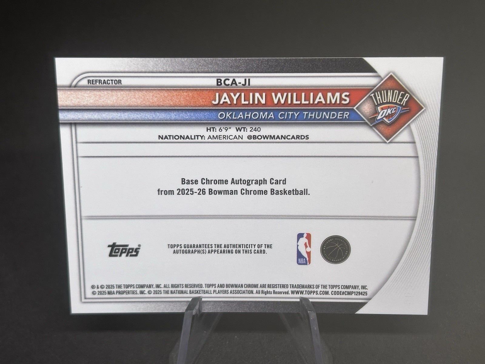 2025-26 Bowman Chrome Jaylin Williams AUTO Refractor /499 #BCA-JI OKC Thunder