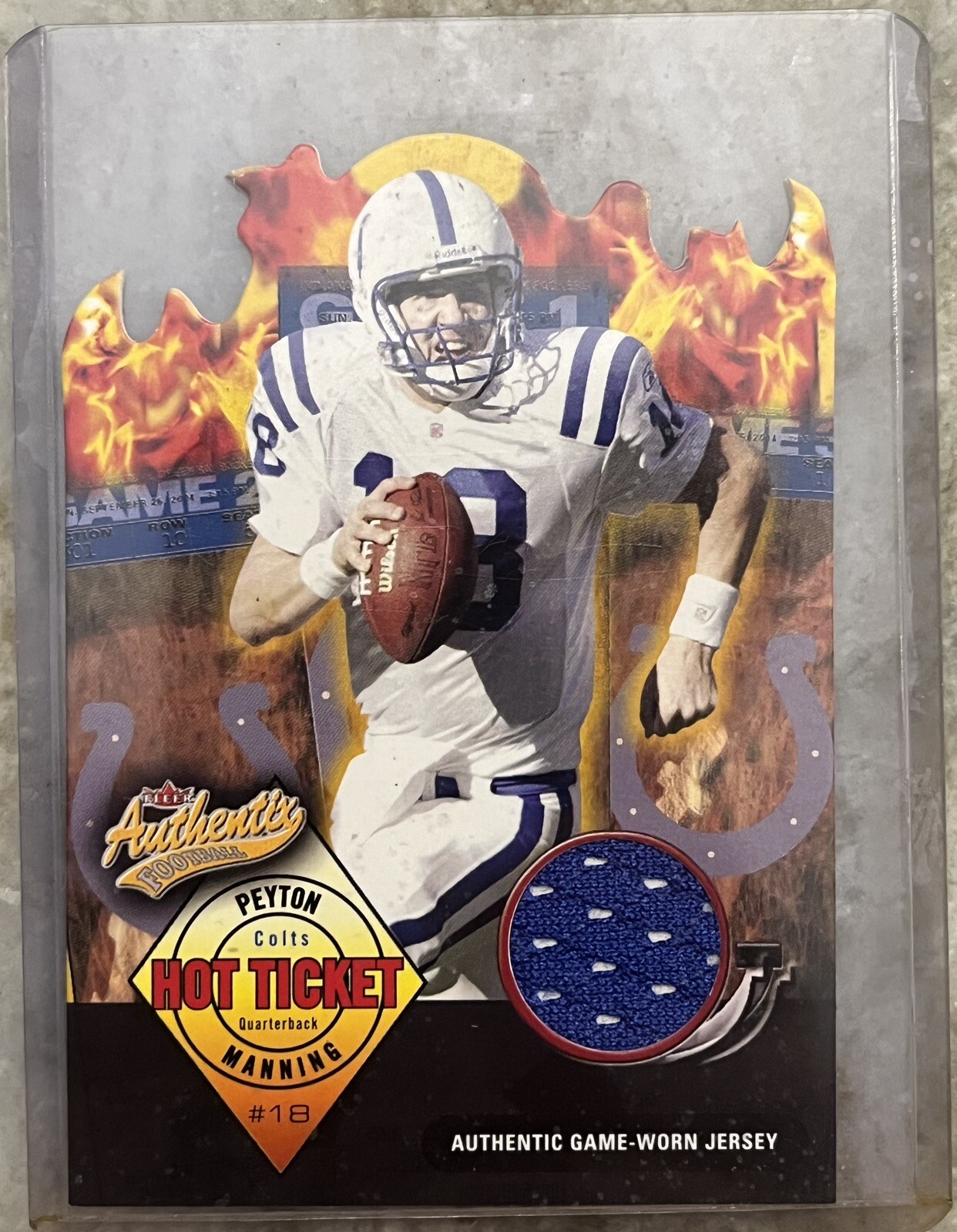 Peyton Manning Authentic Fleer Hot Ticket Game Worn Jersey Card 451/500