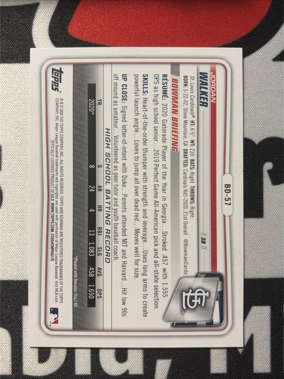 2020 Bowman Draft Paper 1st Prospect JORDAN WALKER Cardinals #BD-57