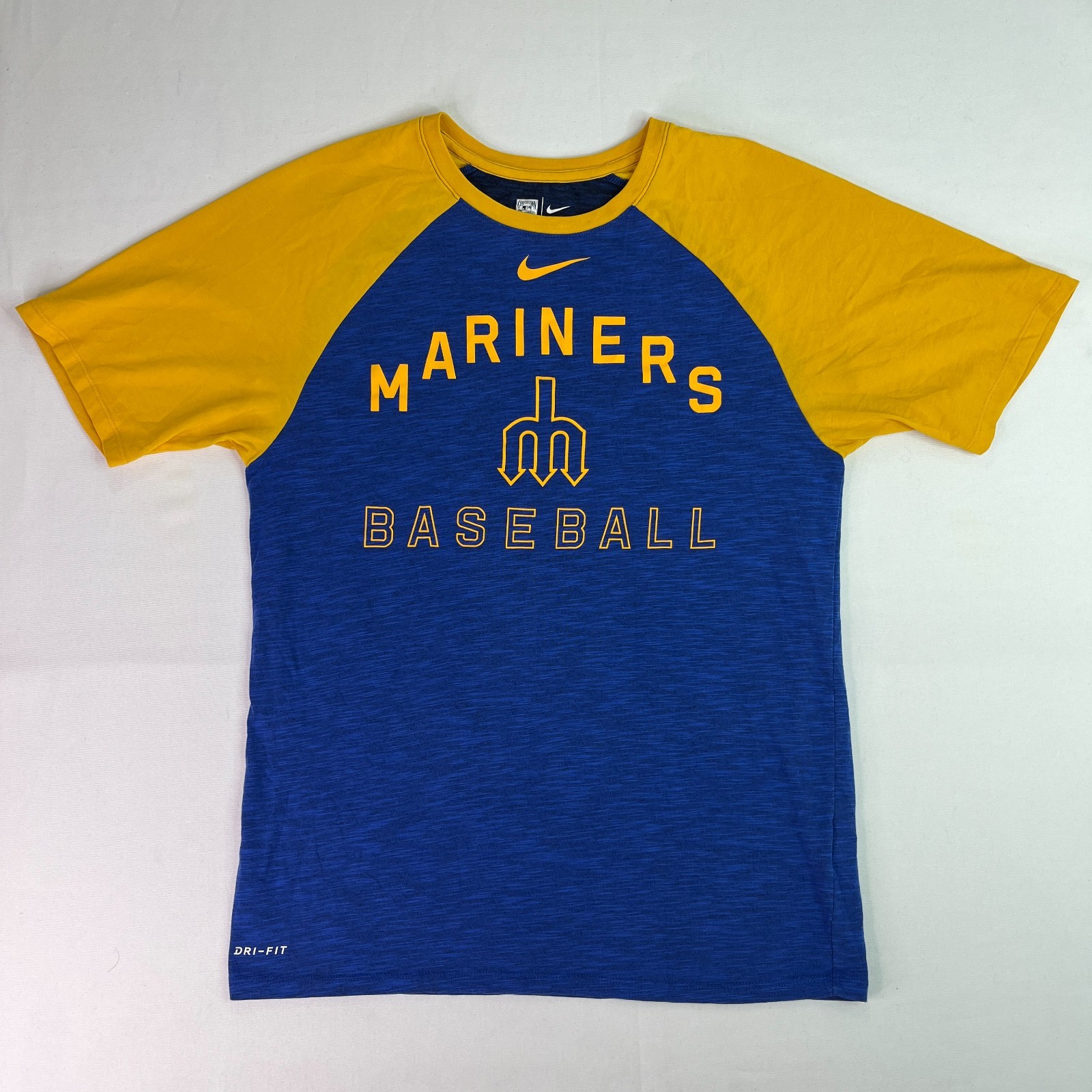 Seattle Mariners Shirt Mens M Gold Blue MLB Baseball Raglan Tee Nike Dri Fit