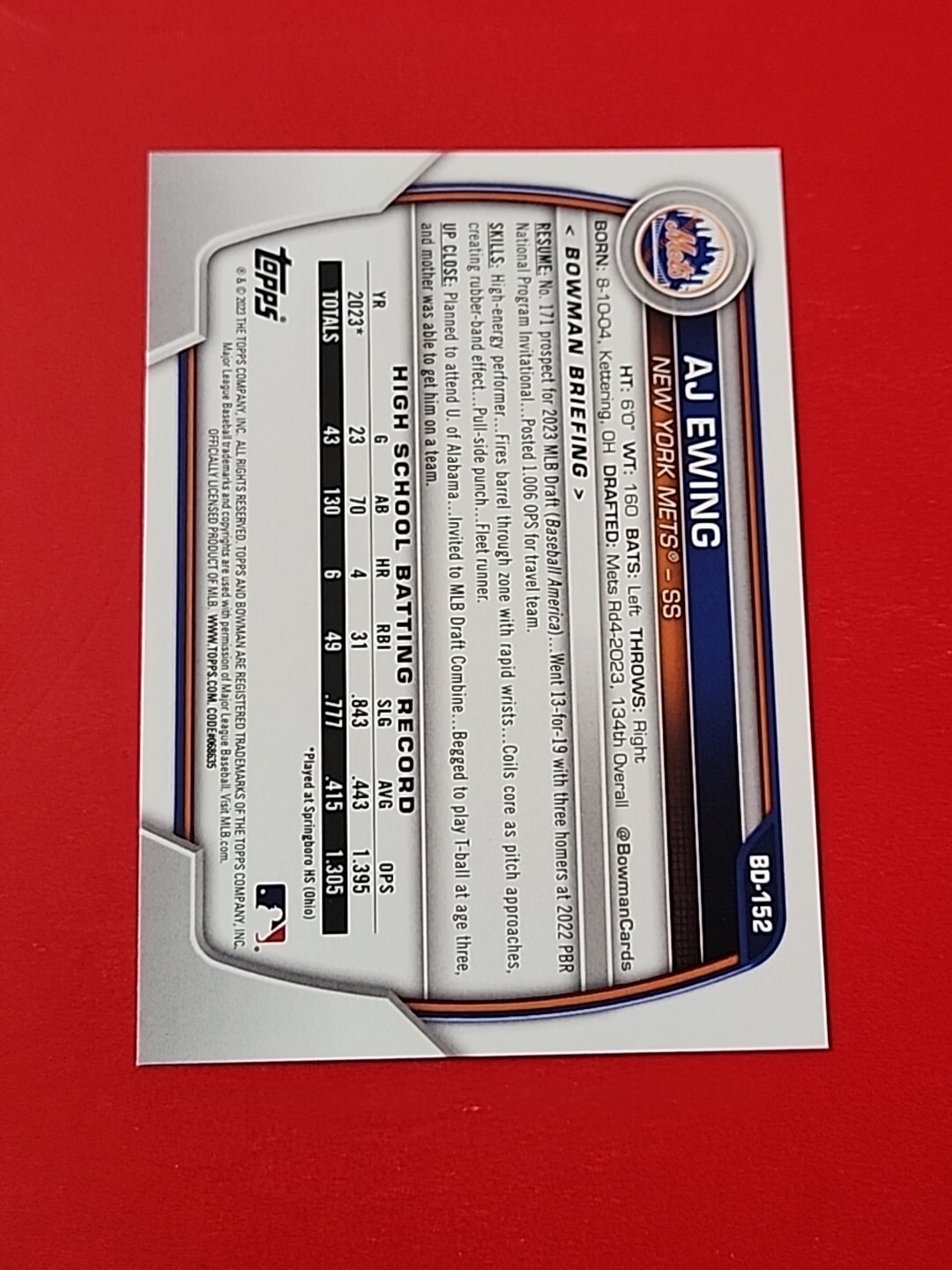 2023 Bowman Draft Paper Base BD-152 AJ Ewing – New York Mets