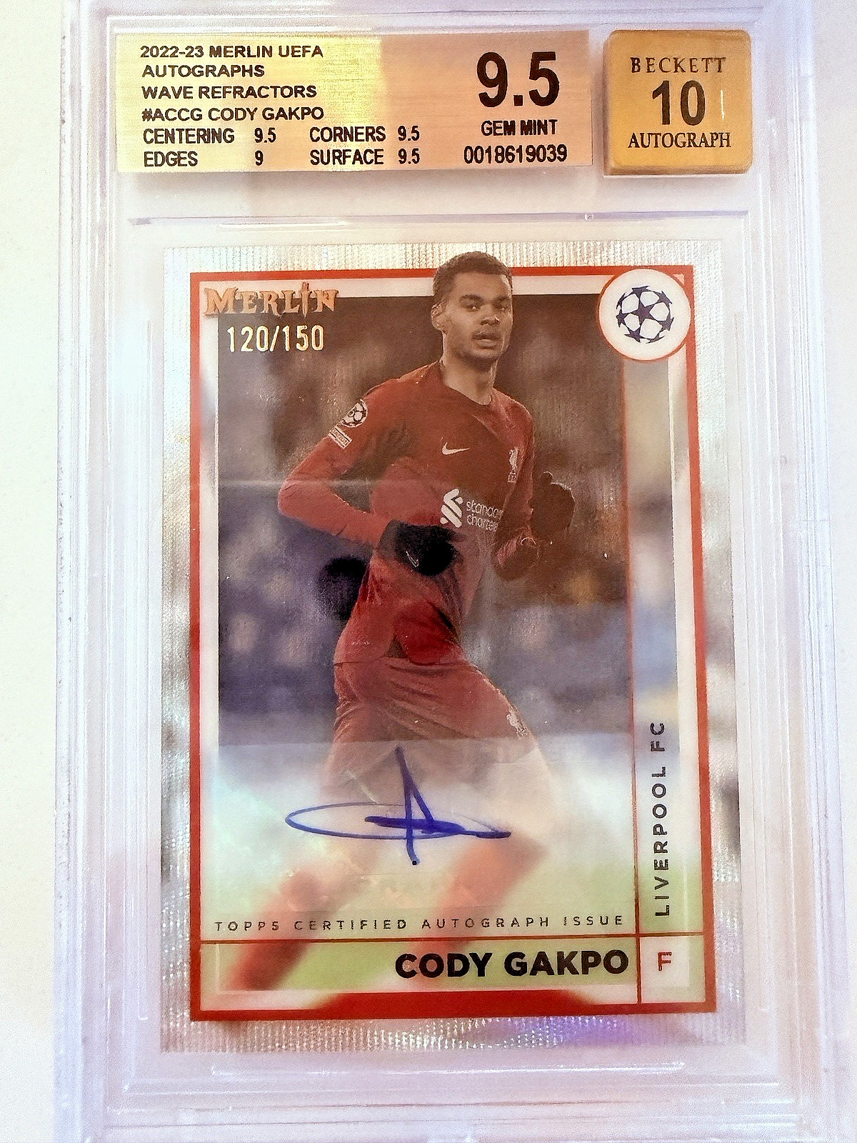 2022-23 Merlin UEFA Auto Wave Refractor Cody Gakpo /150 BGS 9.5/10 Liverpool