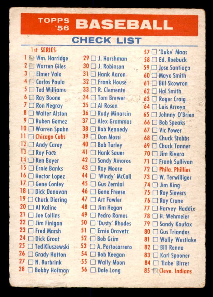 1956 TOPPS CHECKLIST 1/3 VG-EX UNMARKED 553025 (KYCARDS)