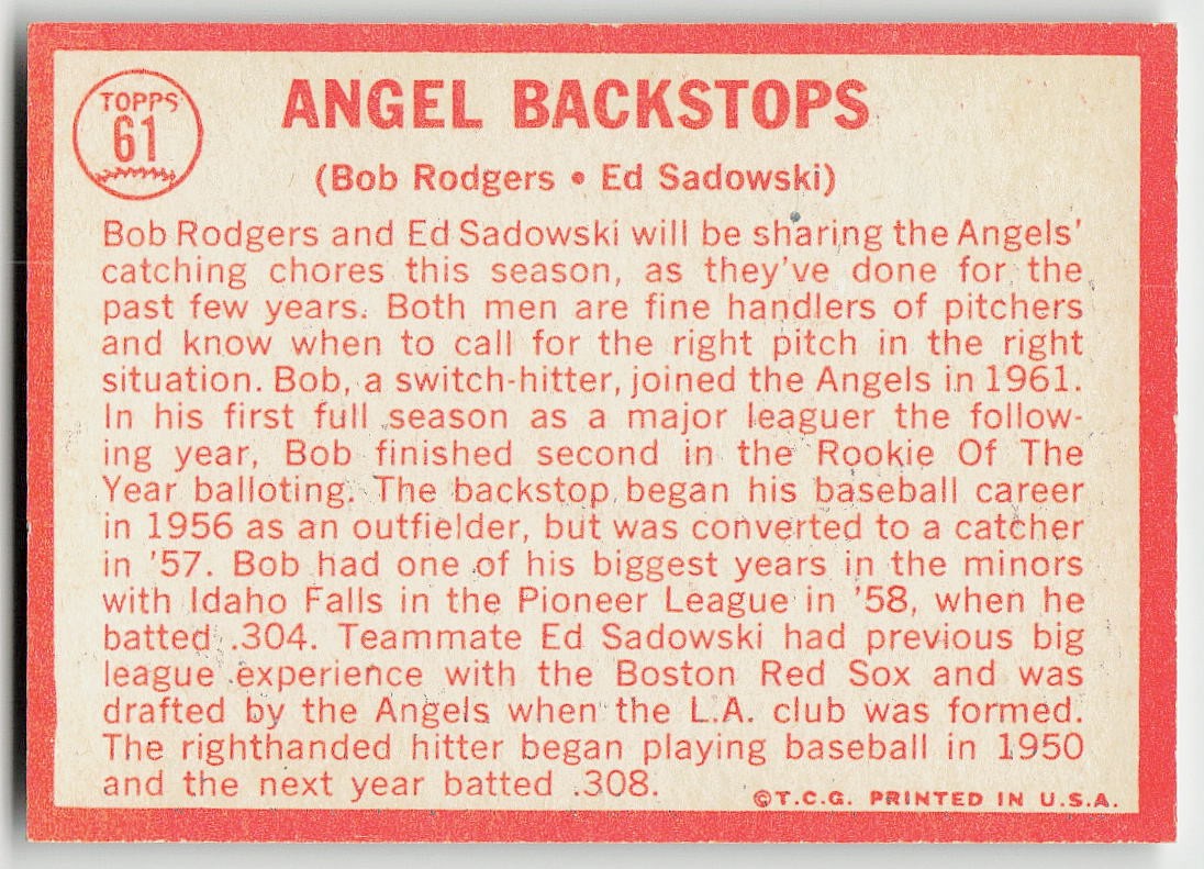 1964 Topps #61 Bob Rodgers / Ed Sadowski BASEBALL Los Angeles Angels