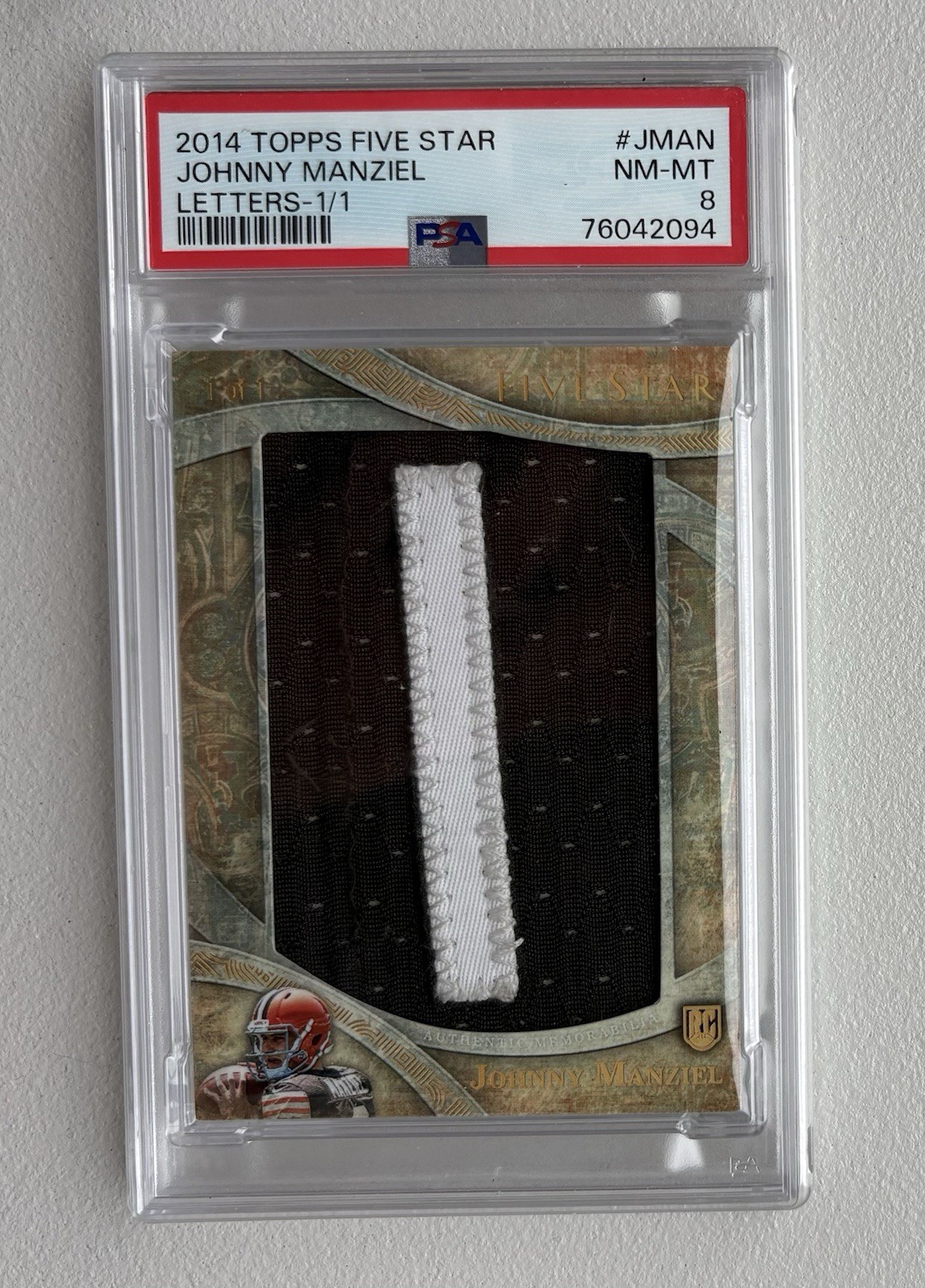 2014 Topps Five Star Johnny Manziel Letters RC Rookie Relic Patch “I” 1/1 PSA 8