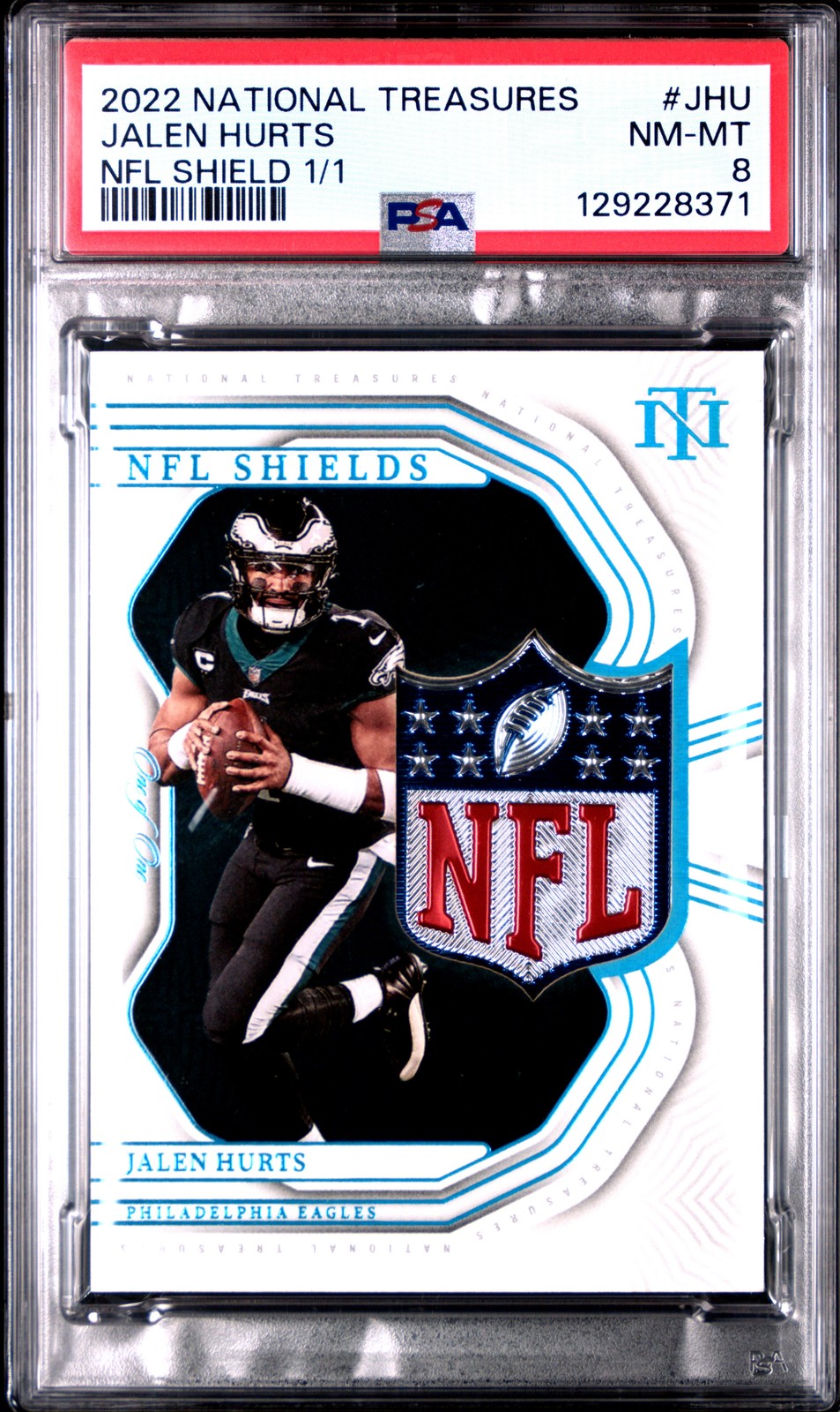 2022 NATIONAL TREASURES NFL SHIELD 1/1 #JHU JALEN HURTS 1/1 PSA 8