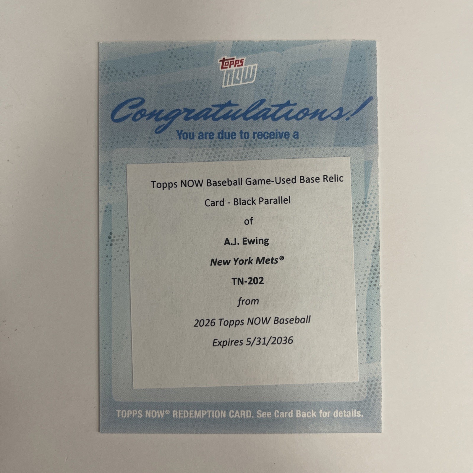 2026 Topps Now A.J. Ewing #202 Call-Up Game-Used Base Relic Redemption Black /10