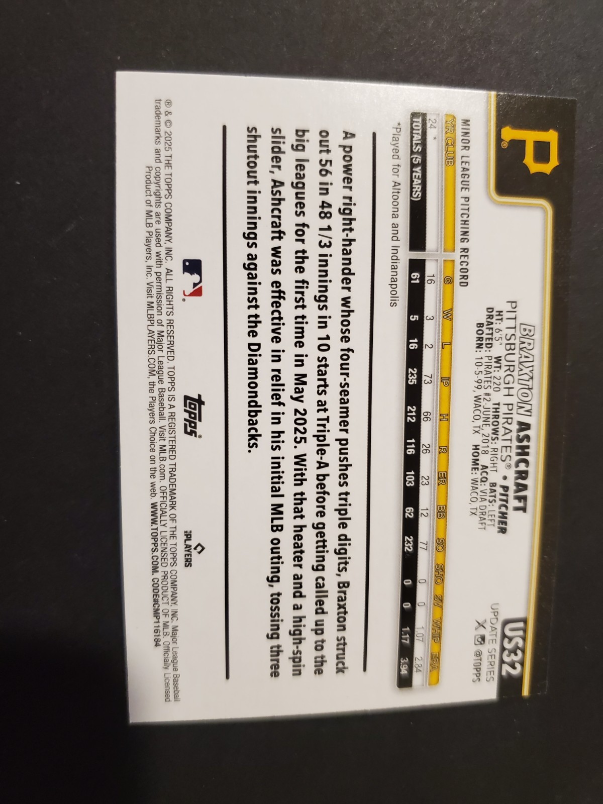 Braxton Ashcraft 2025 Topps Update Halloween Pumpkins SP RC #US32 Pirates