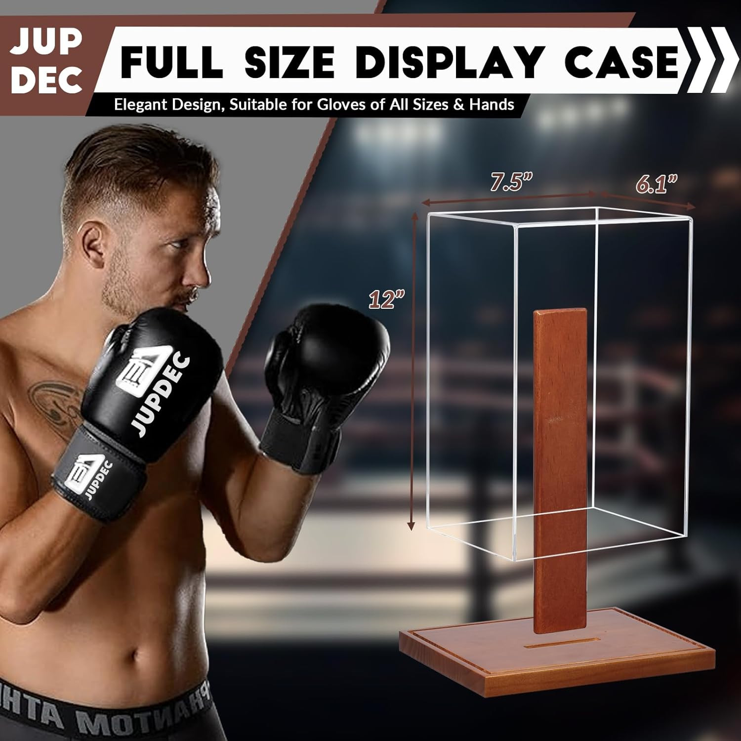 Jupdec Boxing Glove Display Case, Clear Acrylic Showcase with Wood Base & Plank
