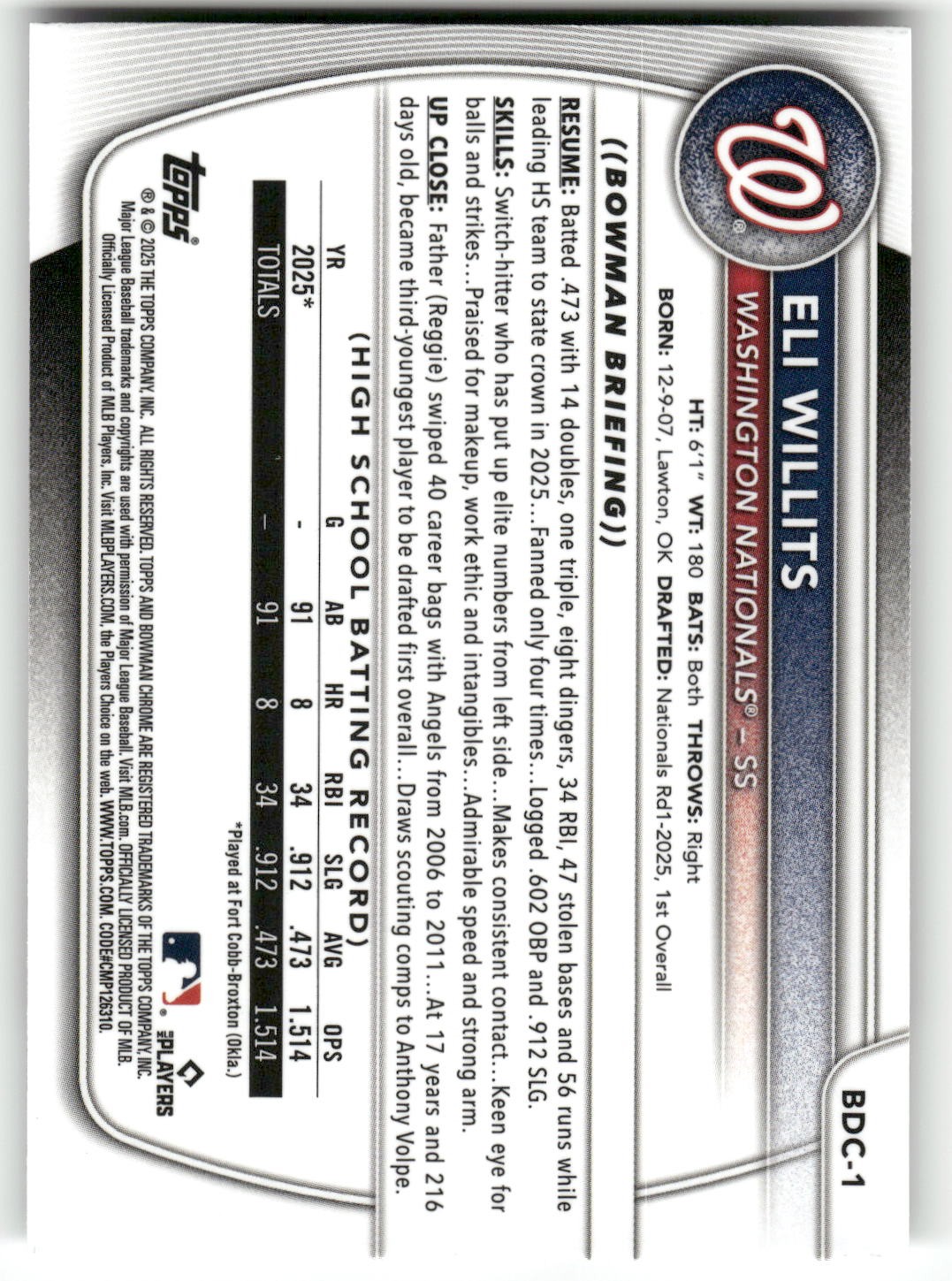 2025 Bowman Draft #BDC-1 Eli Willits Chrome Mojo Refractor SP Variation 1st RC