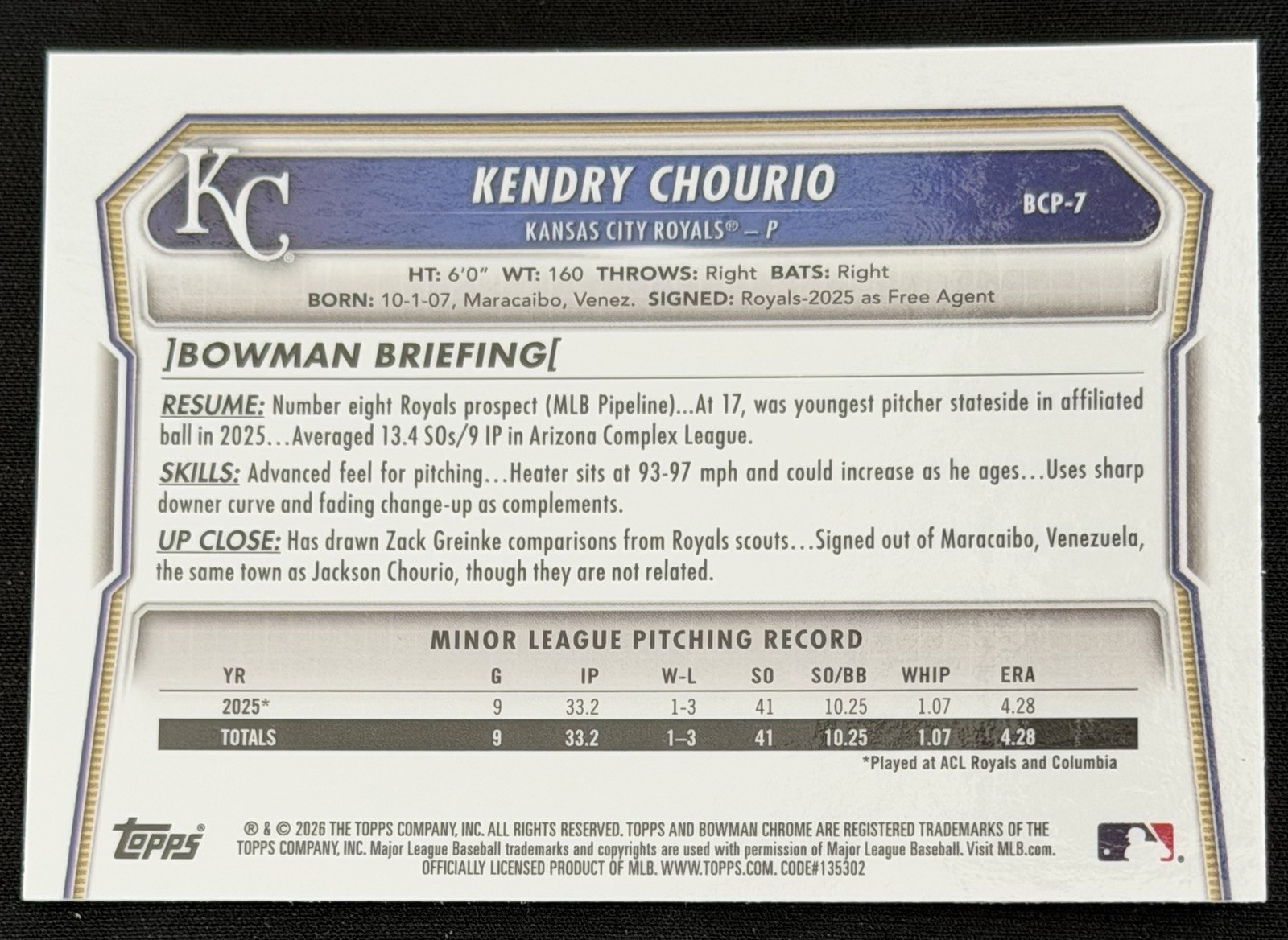 2026 Bowman Baseball Kendry Chourio 1st Blue Raywave Chrome /150 #BCP-7 Royals