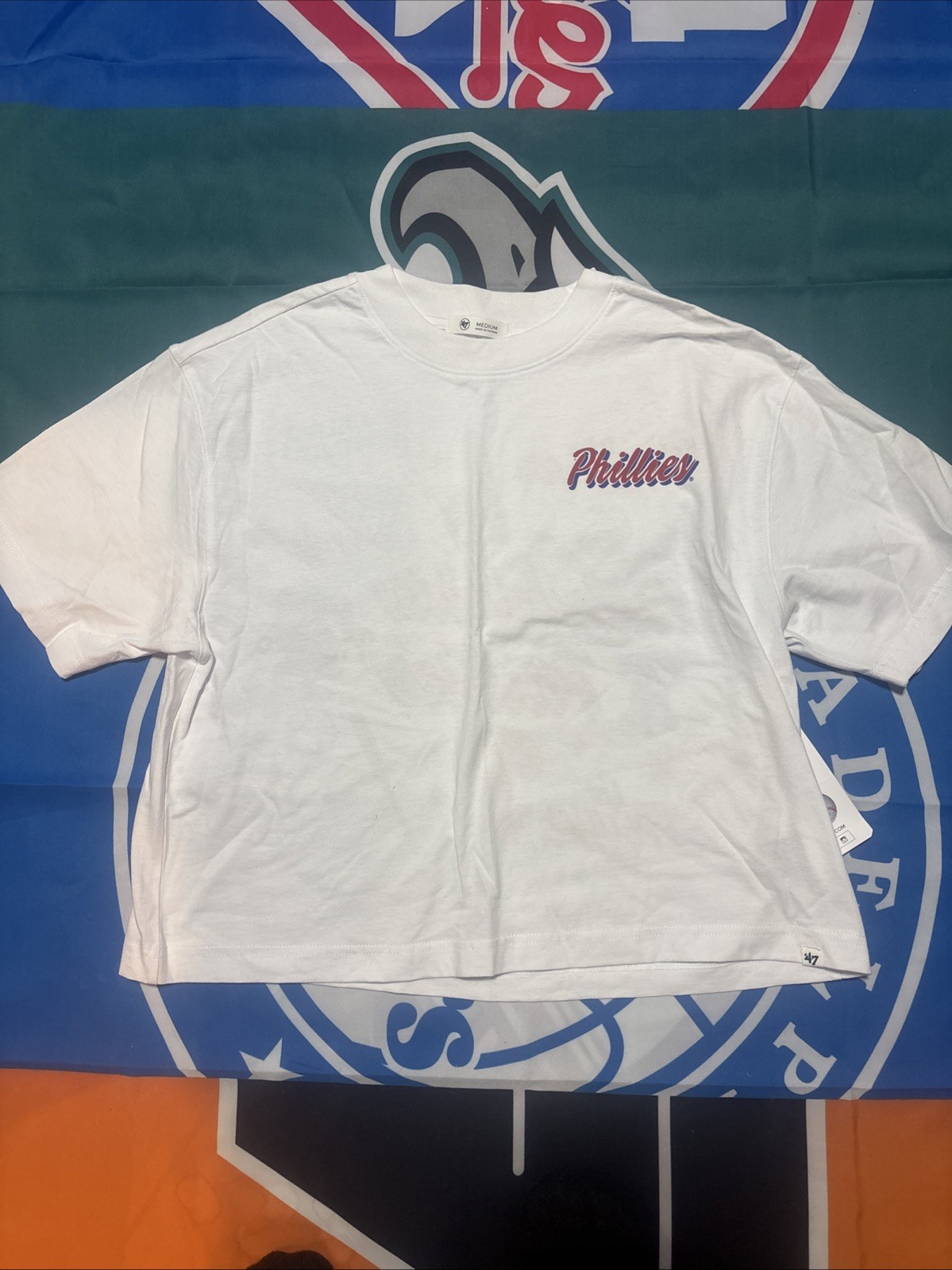 NWT Women’s Medium Philadelphia Phillies 47 Brand Slight Crop white Yes