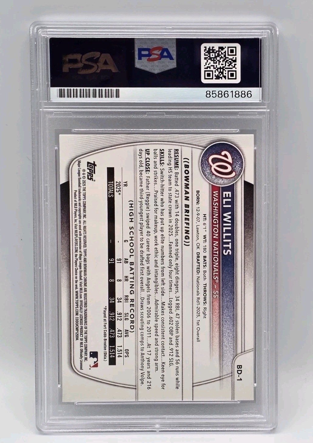 Eli Willits Signed 2025 1st Bowman Paper Card #BD-1 PSA/DNA Nationals