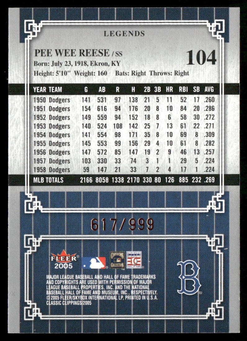 Pee Wee Reese 2005 Fleer Classic Clippings #104 #/999 – Brooklyn Dodgers