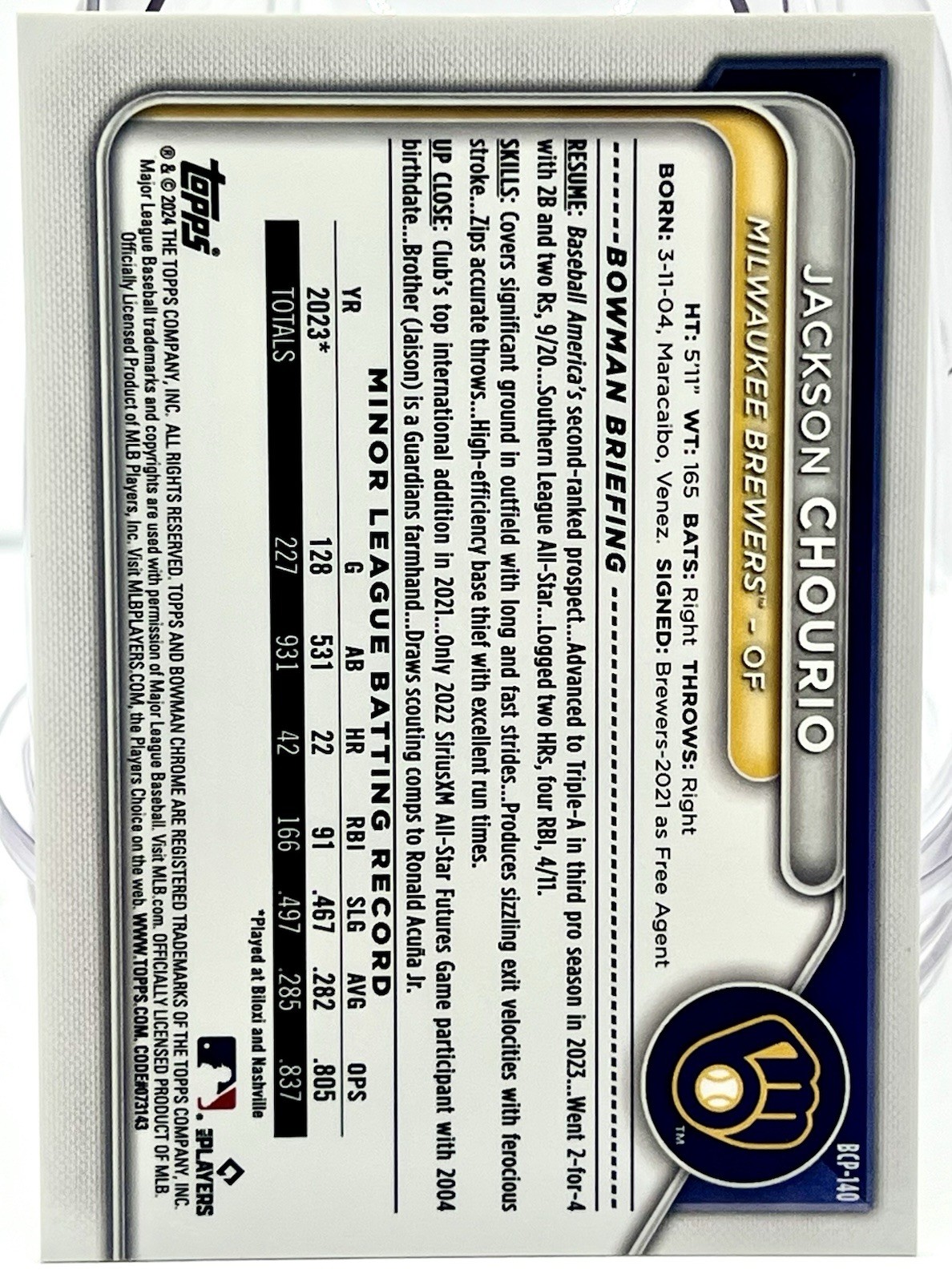2024 Jackson Chourio Bowman Chrome 48/50 True Gold Rookie Refractor #BCP140