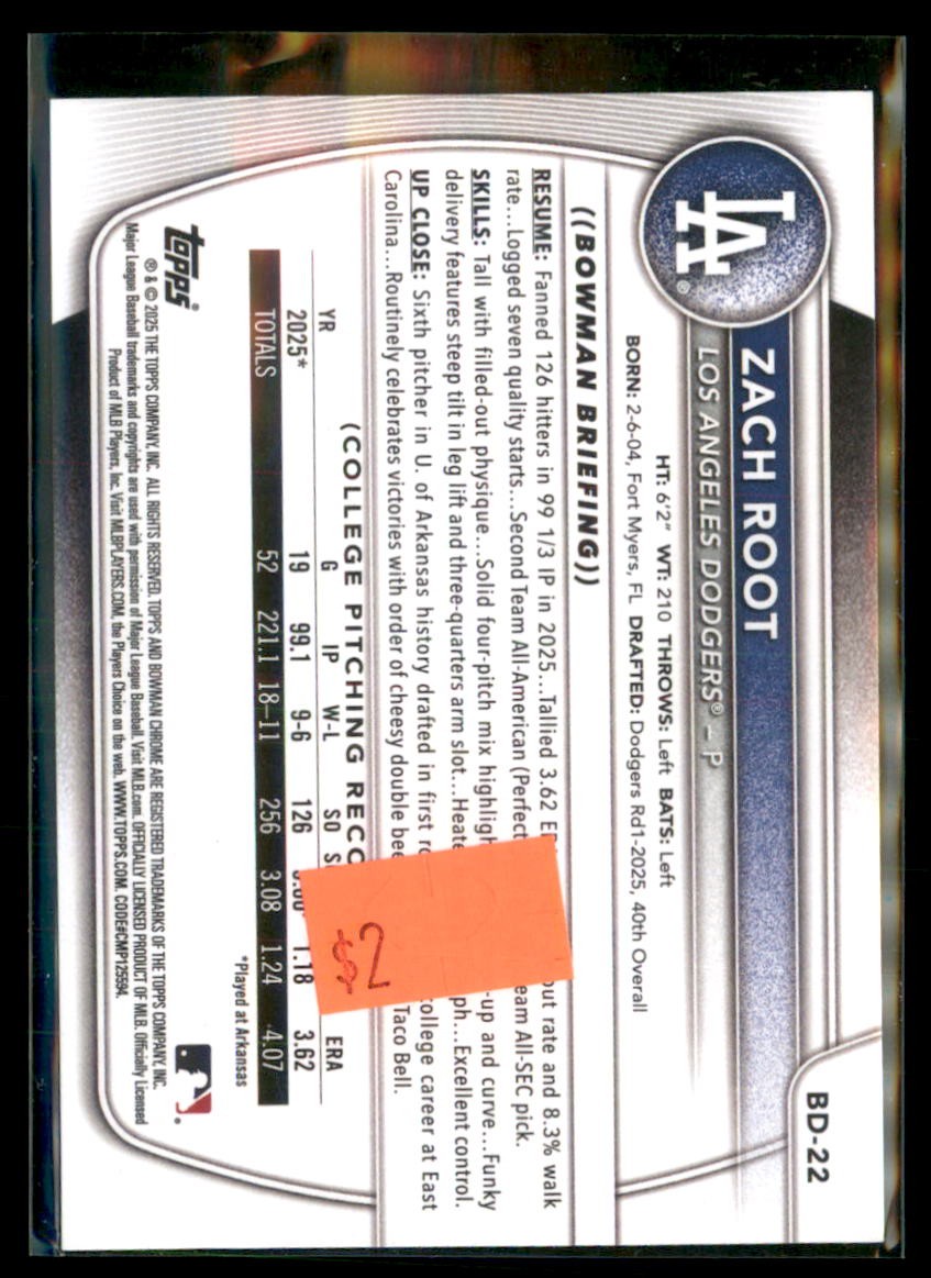 2025 Bowman Draft Paper Zach Root Dodgers BD-22 1st 5 card lot