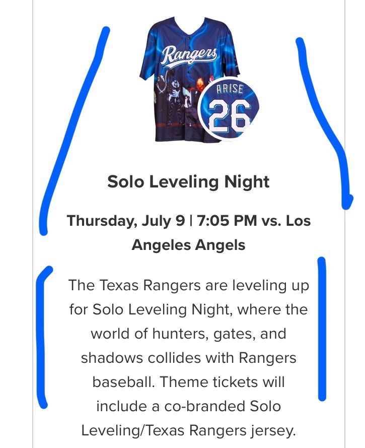Texas Rangers Solo Leveling Theme Night Jersey 7/9/26 Sizes Small To 3x