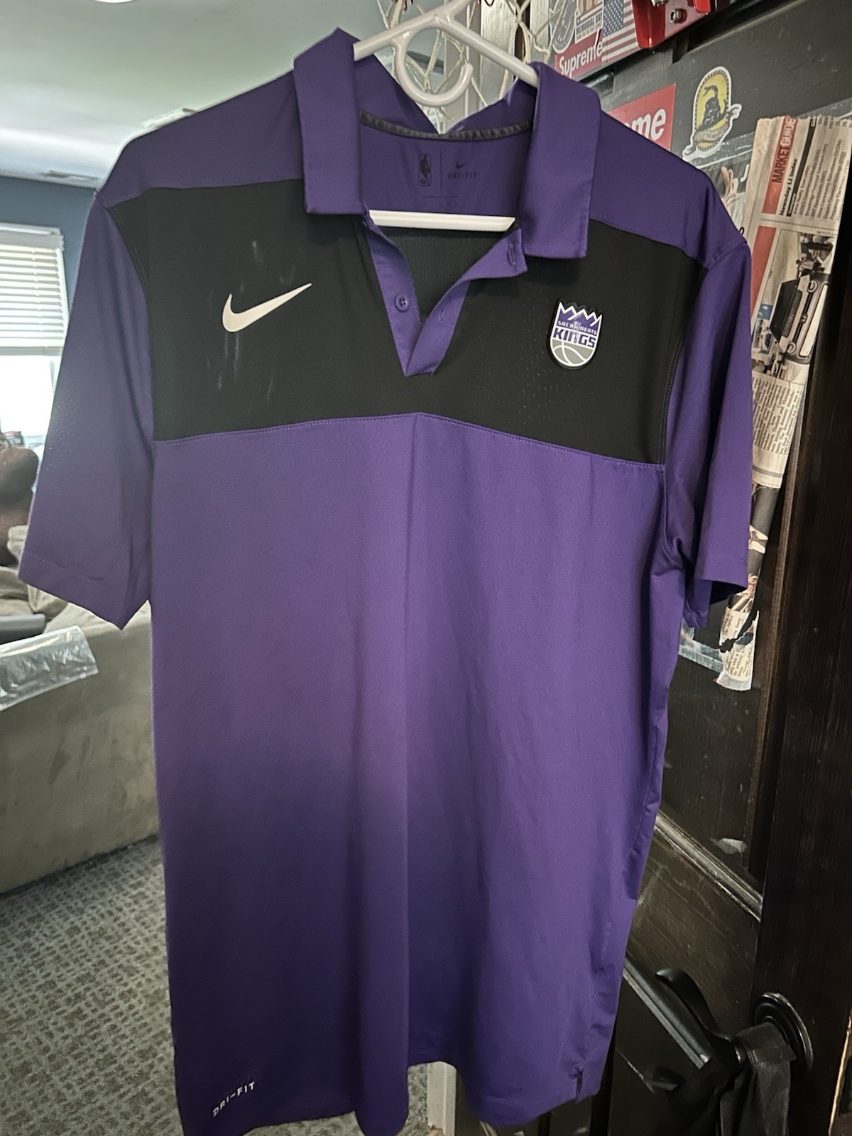 Nike Dri-Fit Sacramento Kings Black Purple Polo Shirt Large Authentic Coach Tee