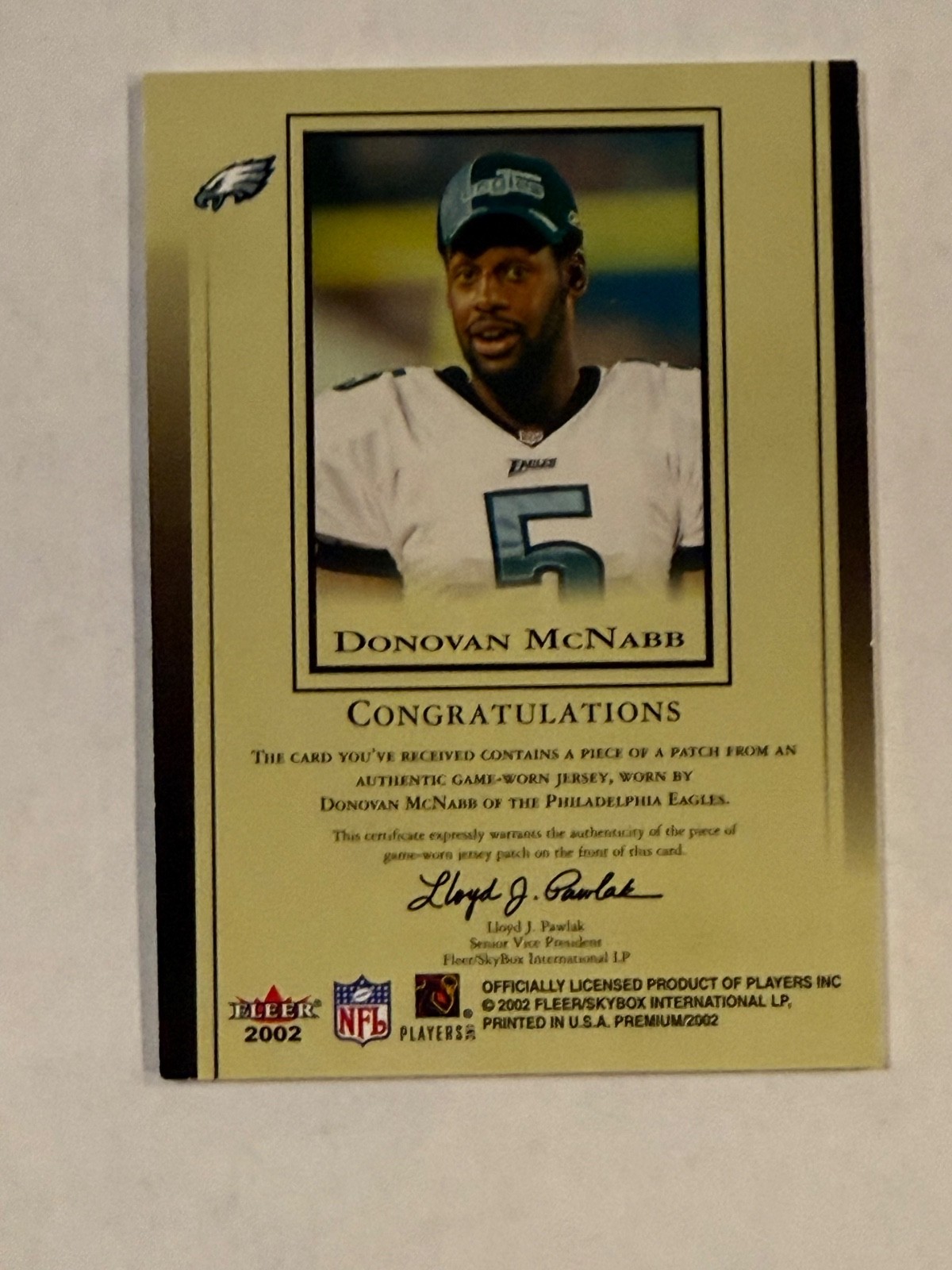 Donovan McNabb 2002 Fleer Premium multi color prime Logo jersey patch – Eagles