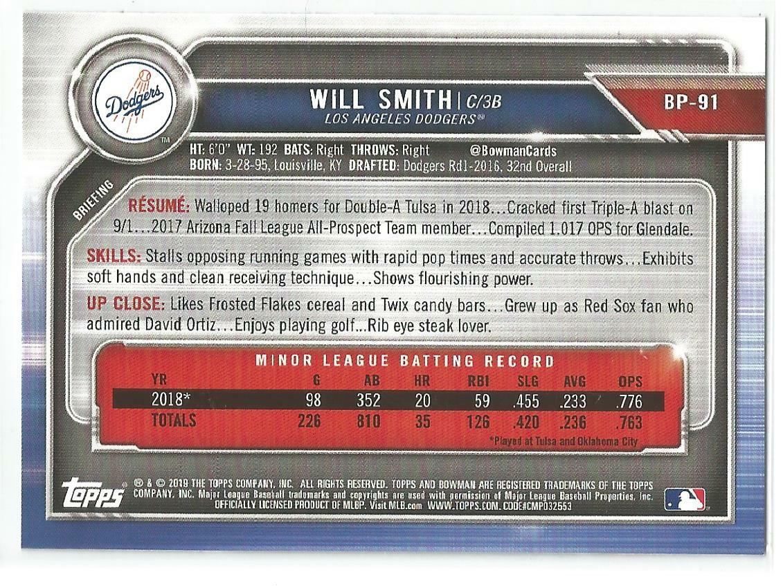 Will Smith Los Angeles Dodgers 2019 Bowman Baseball Prospects Card