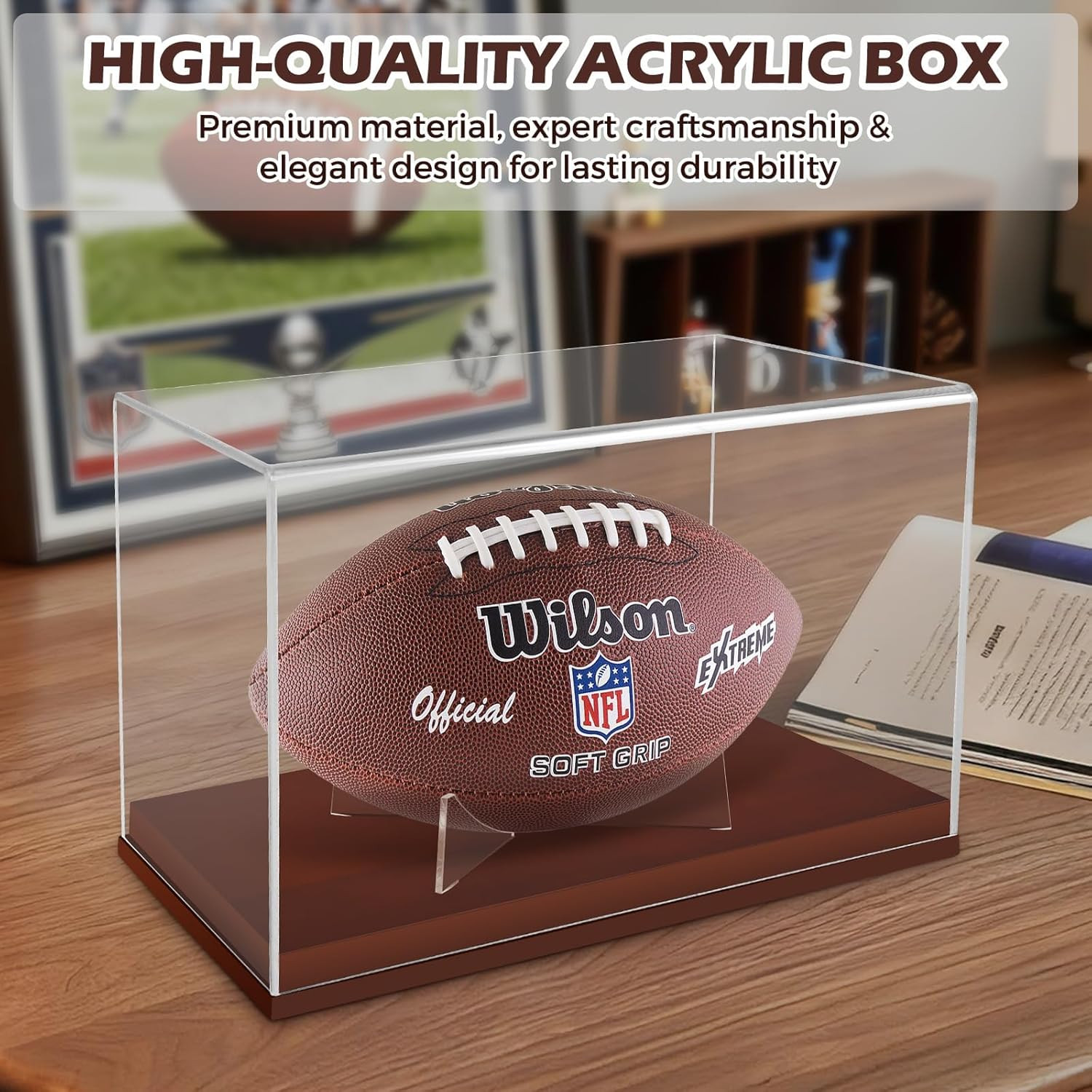 Football Display Case, Acrylic Football Display Box with Wooden Base, UV Protect