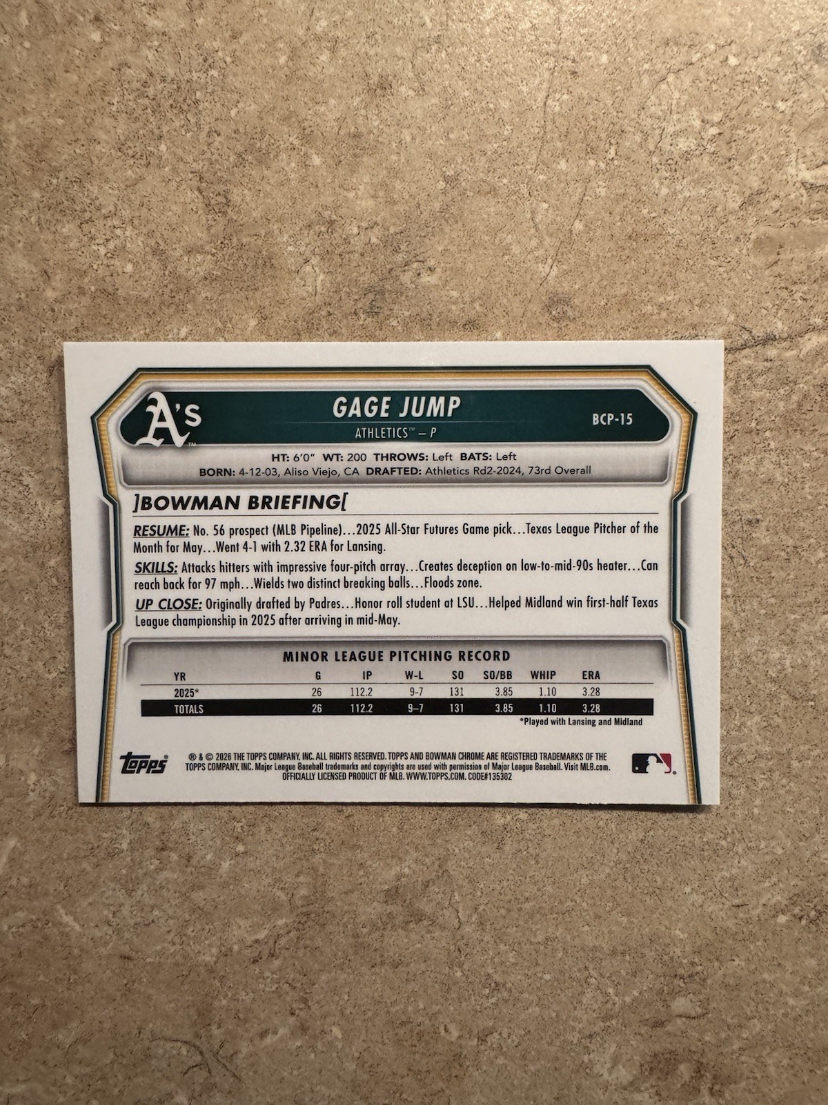 2026 Bowman – Chrome Prospects Gage Jump #BCP-15 (RC)