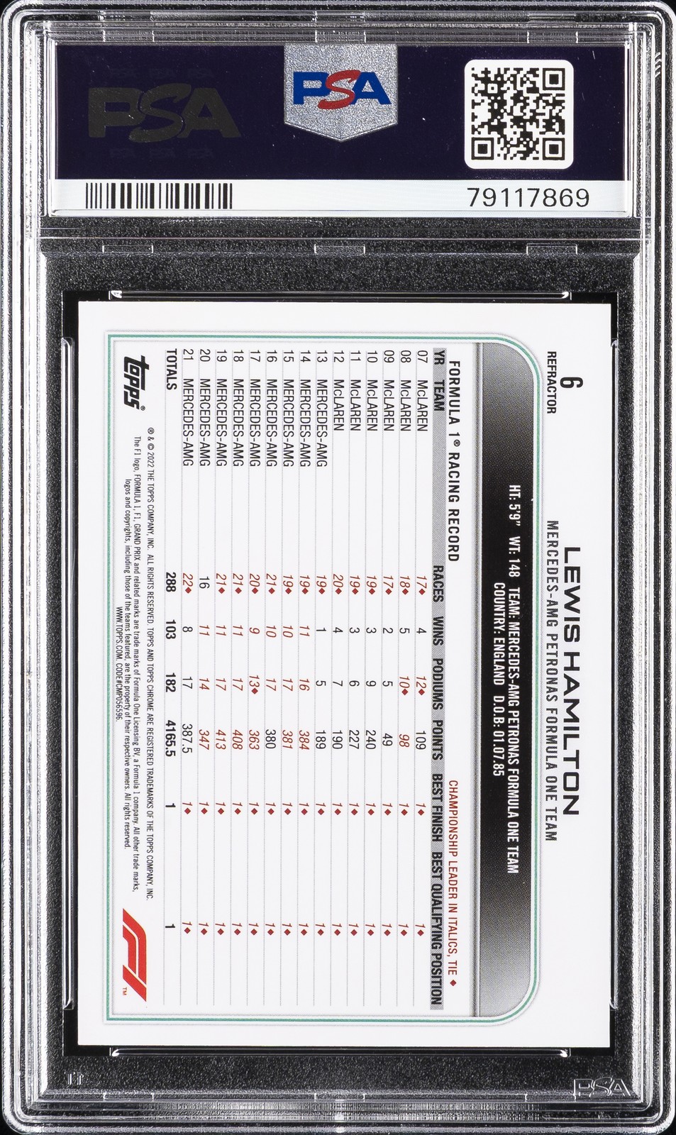 2022 TOPPS CHROME FORMULA 1 REFRACTOR #6 LEWIS HAMILTON PSA 10