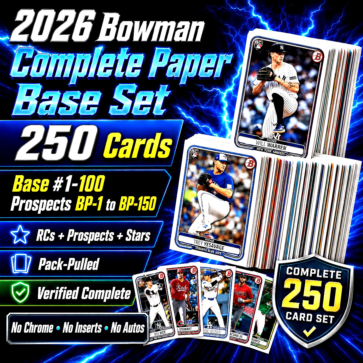 2026 Bowman 250 Card Paper Base Set #1-100 BP1-BP150 RC Prospects