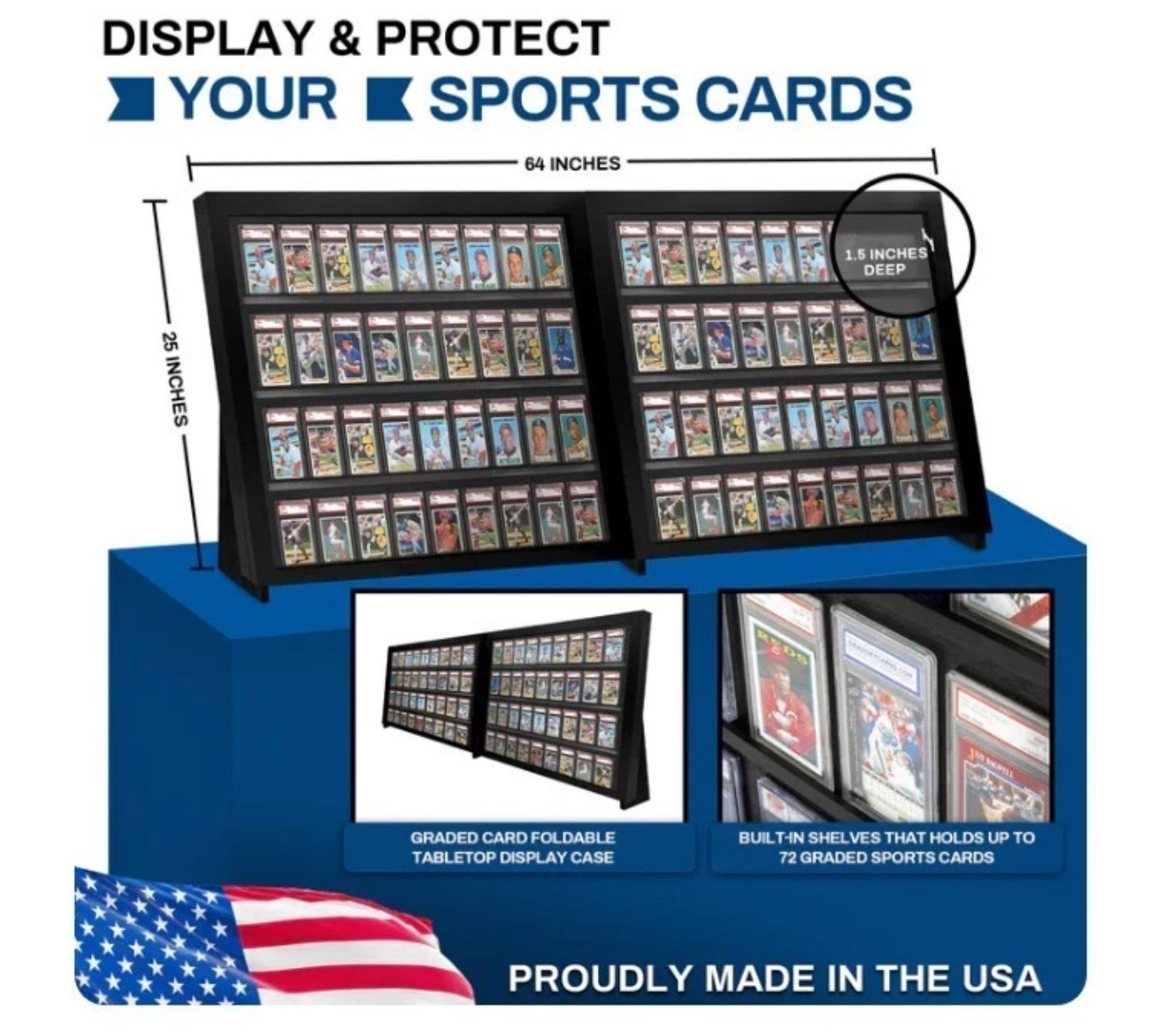Graded Trading Card Display Case 72 PSA Slabs Tabletop USA Sport Wood Show Stand